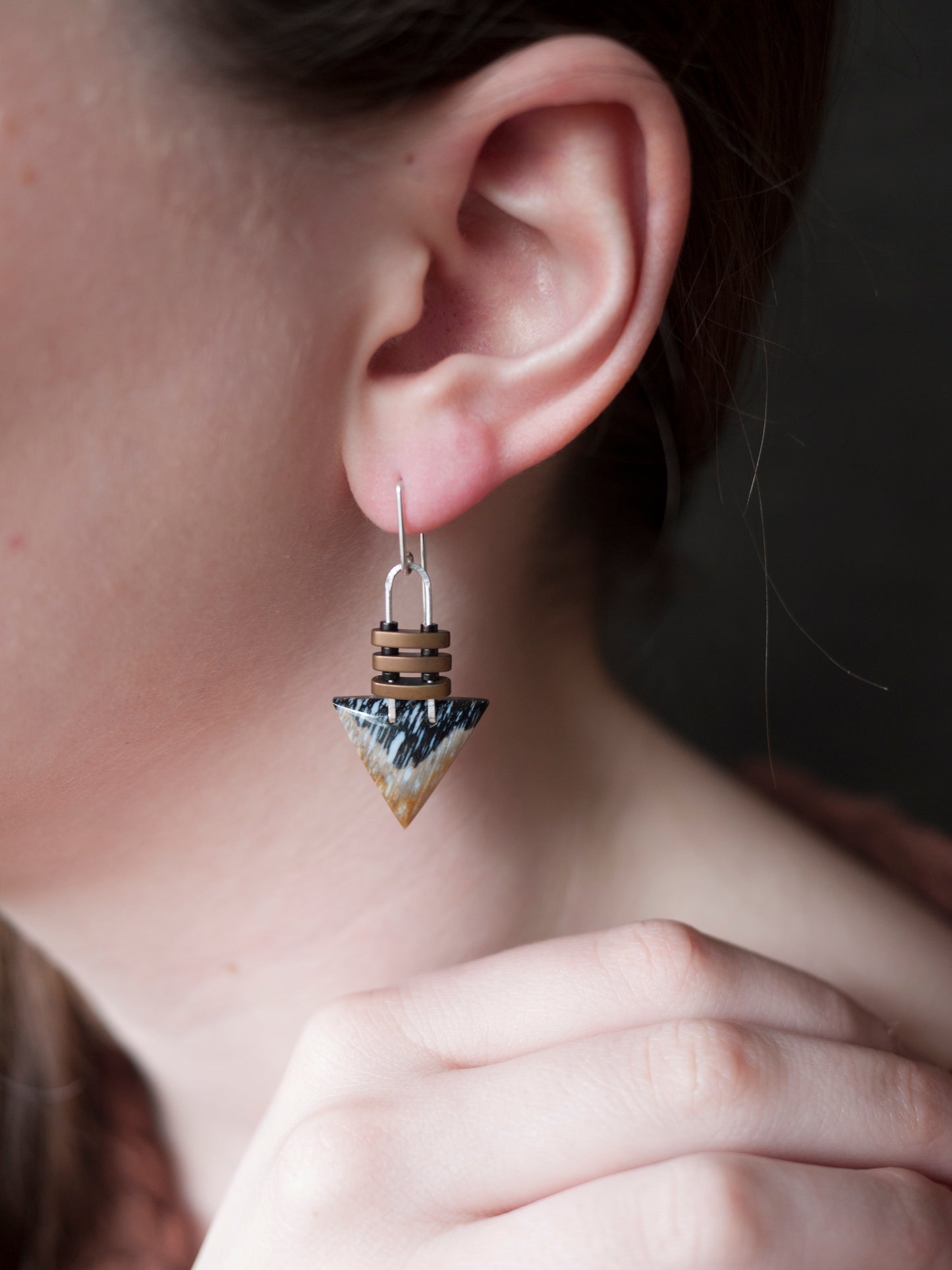 Petrified Palm Root Triangle Dangle Earrings