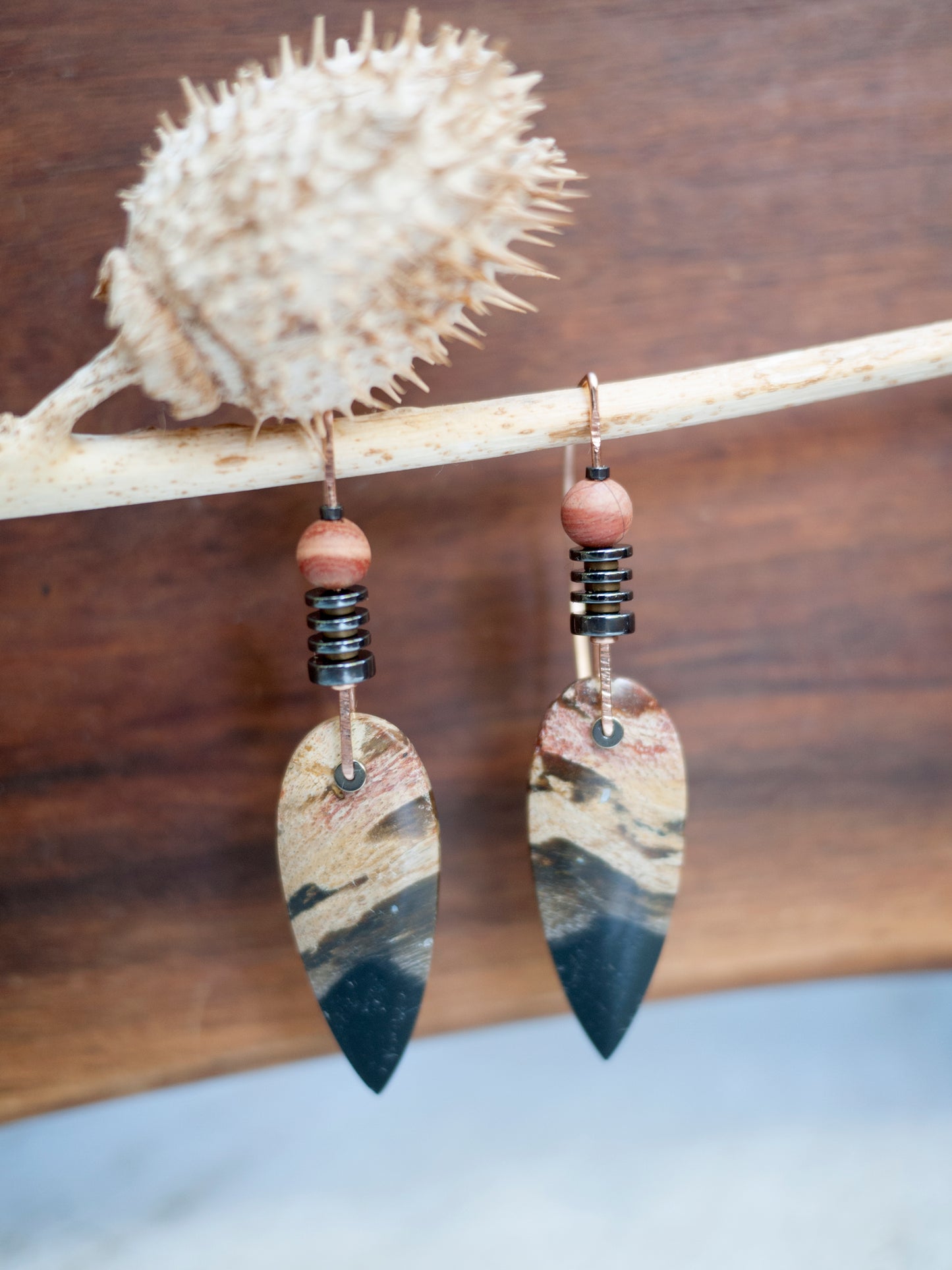 Spear Petrified Wood Drop Earrings