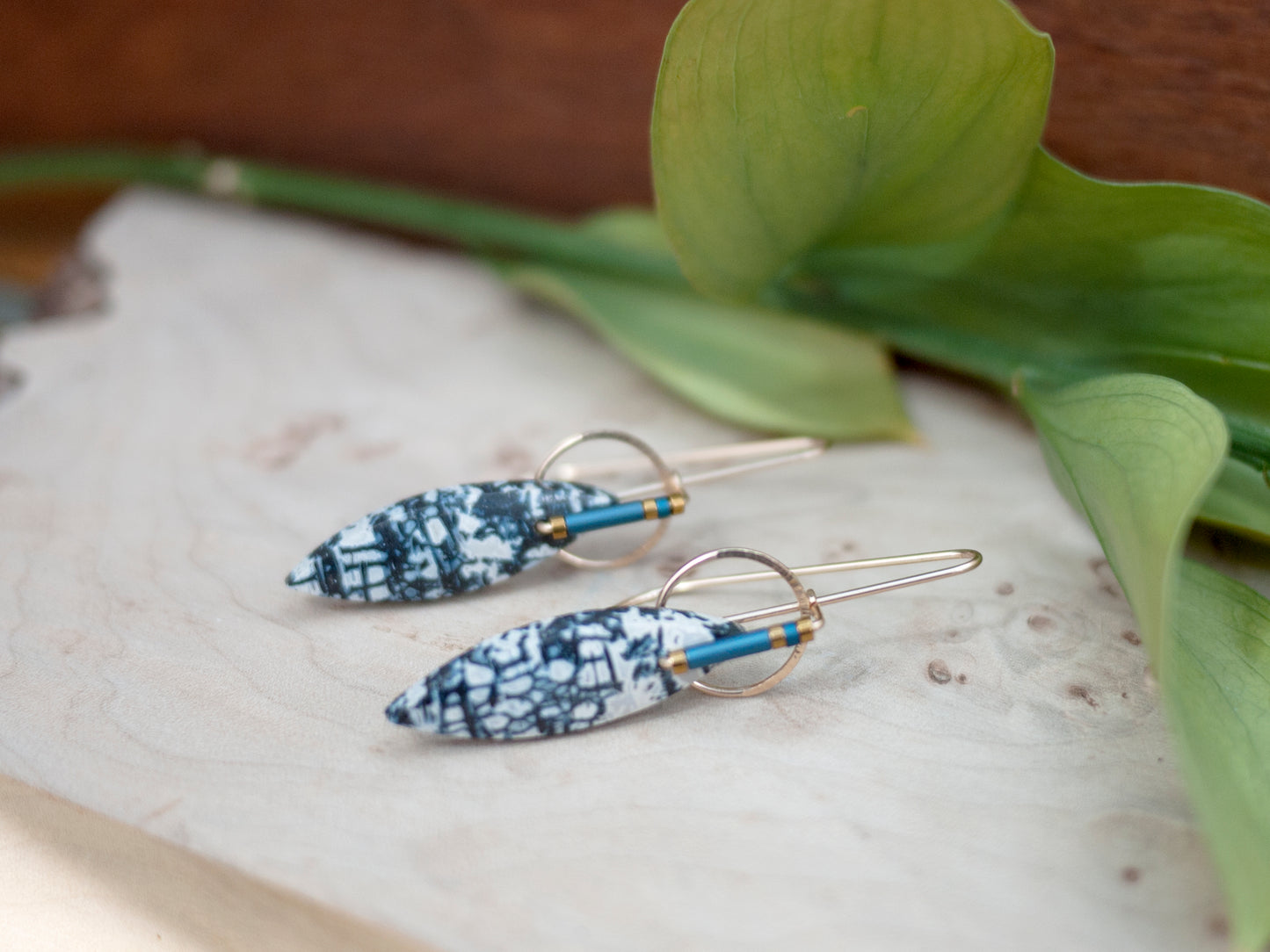 Marquise Shaped Petrified Palm Wood Sculptural Earrings