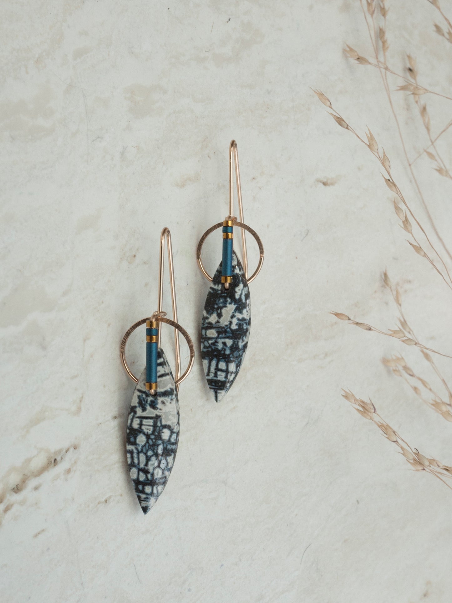 Marquise Shaped Petrified Palm Wood Sculptural Earrings