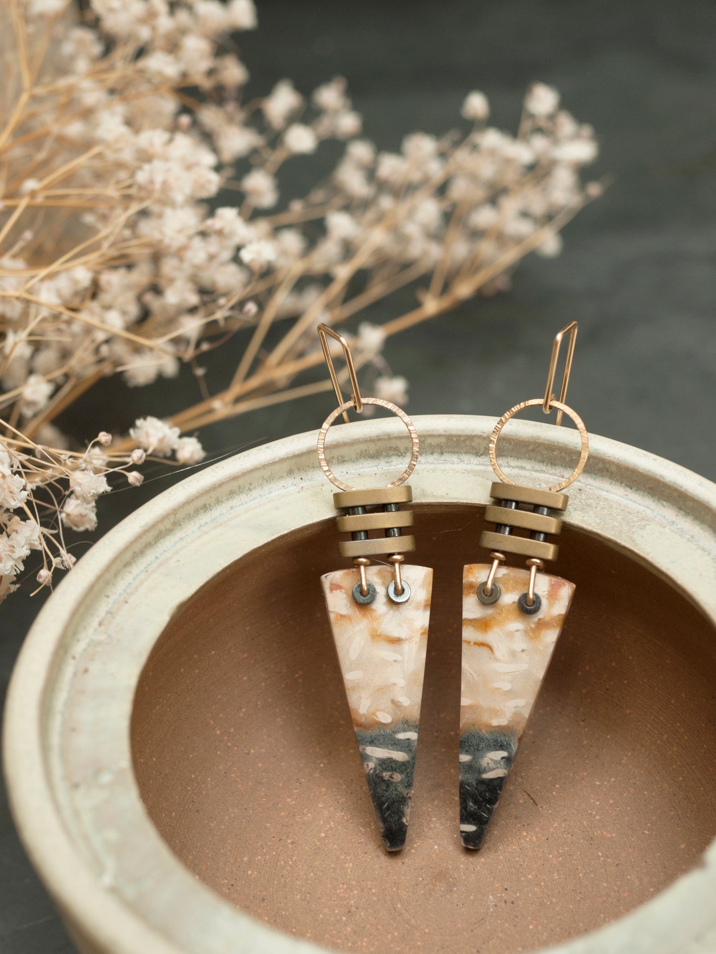 Three Bar Petrified Palm Wood Dangle Earrings