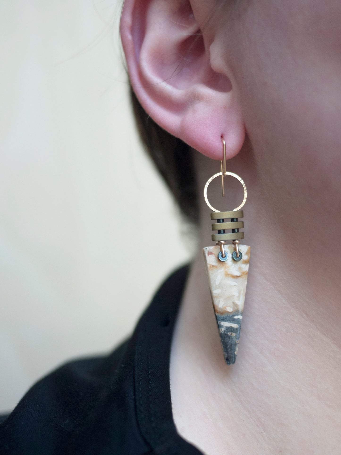 Three Bar Petrified Palm Wood Dangle Earrings