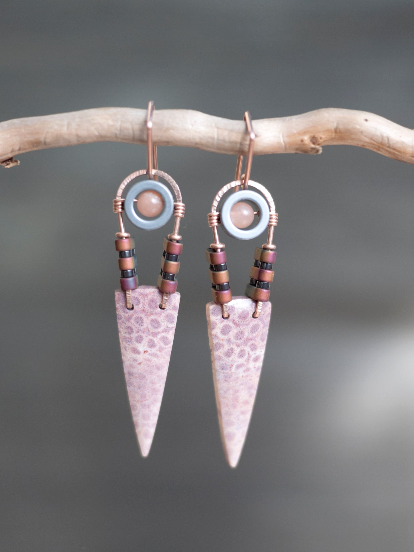 Pink Fossil Coral Spear Dangle Earrings