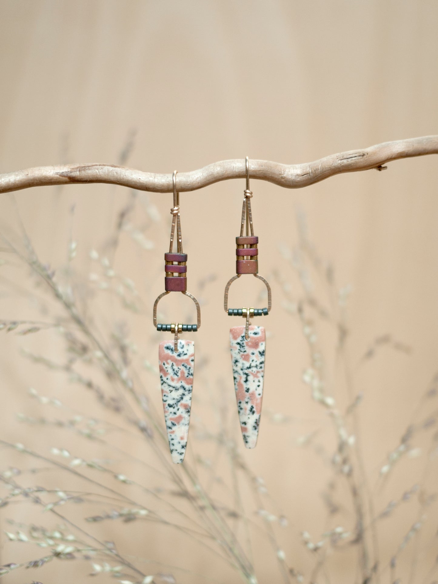 Dendritic Jasper Spear Rectangle Motif Earrings