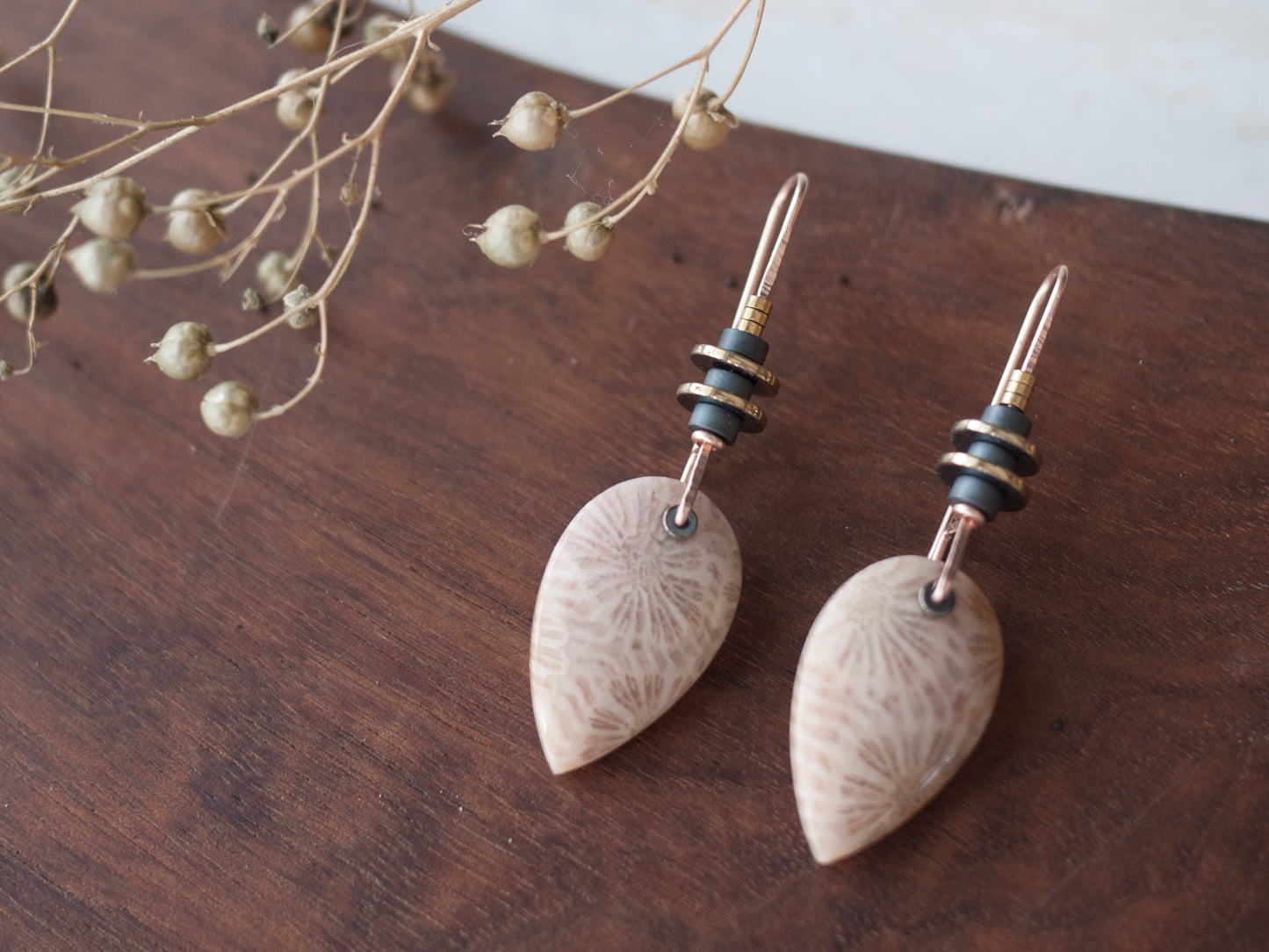 Peach Fossil Coral Drop Earrings - In Rose Gold Fill