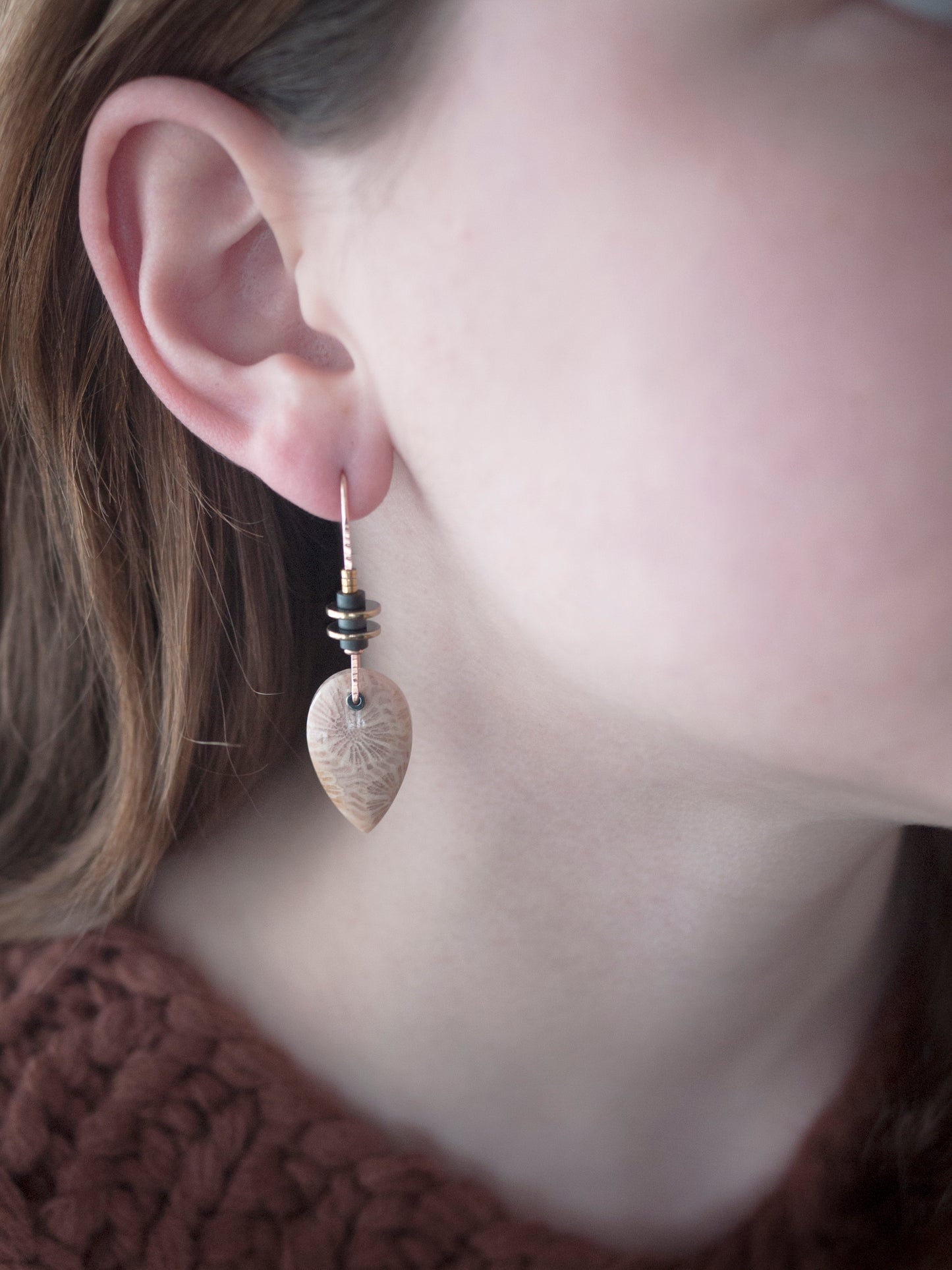 Peach Fossil Coral Drop Earrings - In Rose Gold Fill