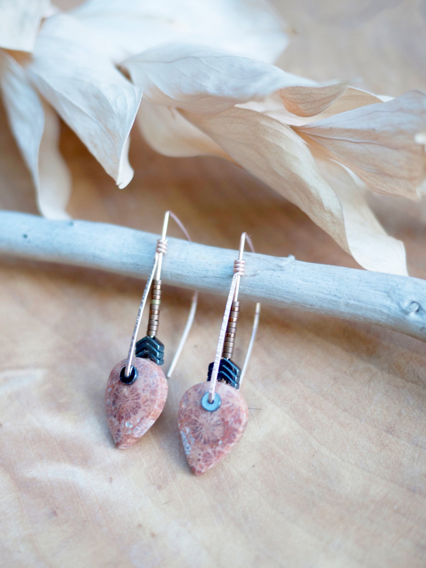 Pink Fossil Coral Drop Earrings