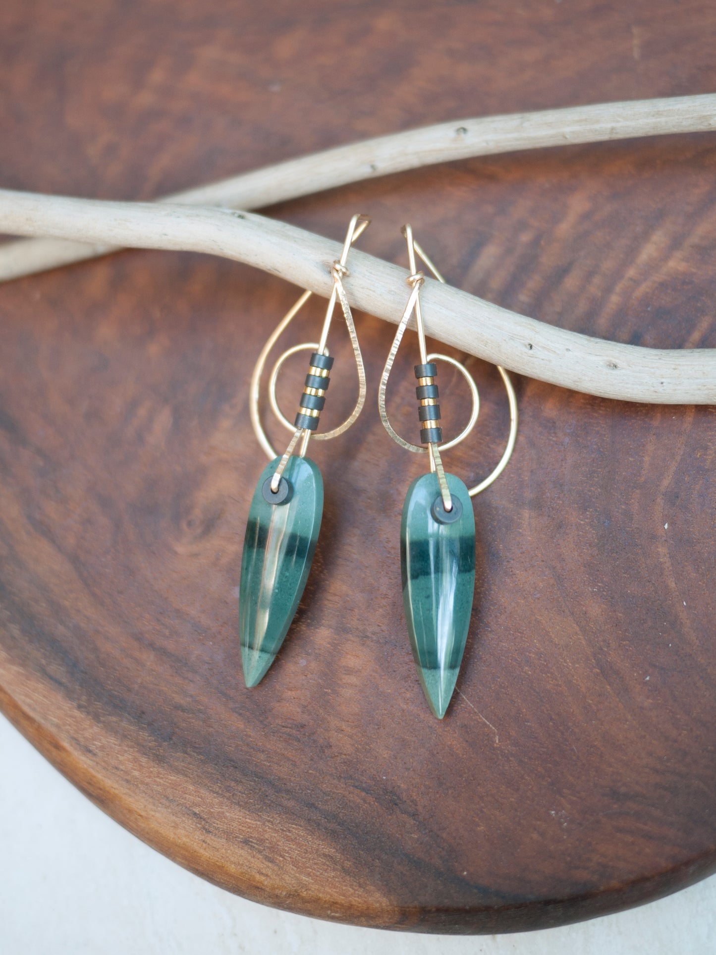 Long Polychrome Jasper Spiral Motif Earrings
