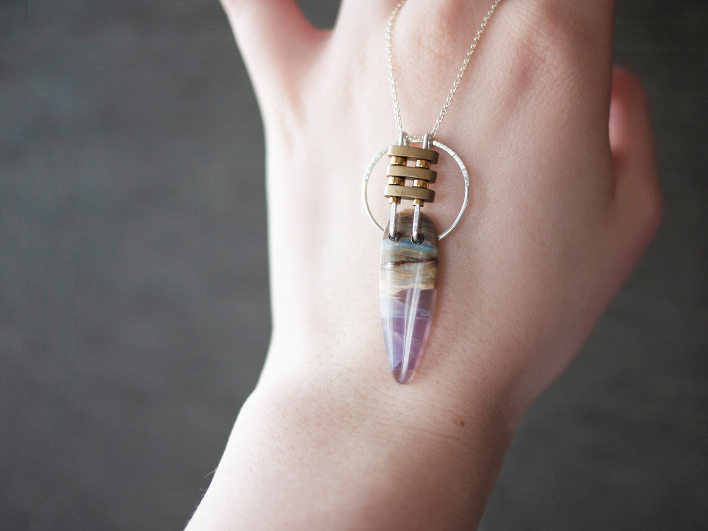 Silver Purple Agate Circle Pendant