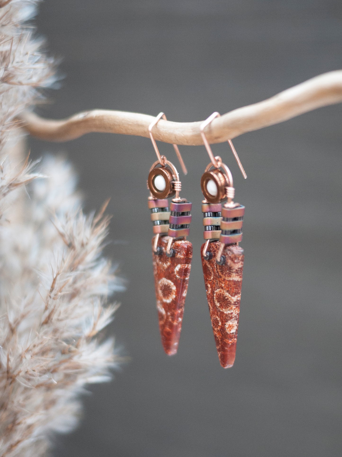 Red Fossil Coral Spear Dangle Earrings