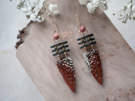 Three Bar Petrified Red Palm Wood Dangle Earrings