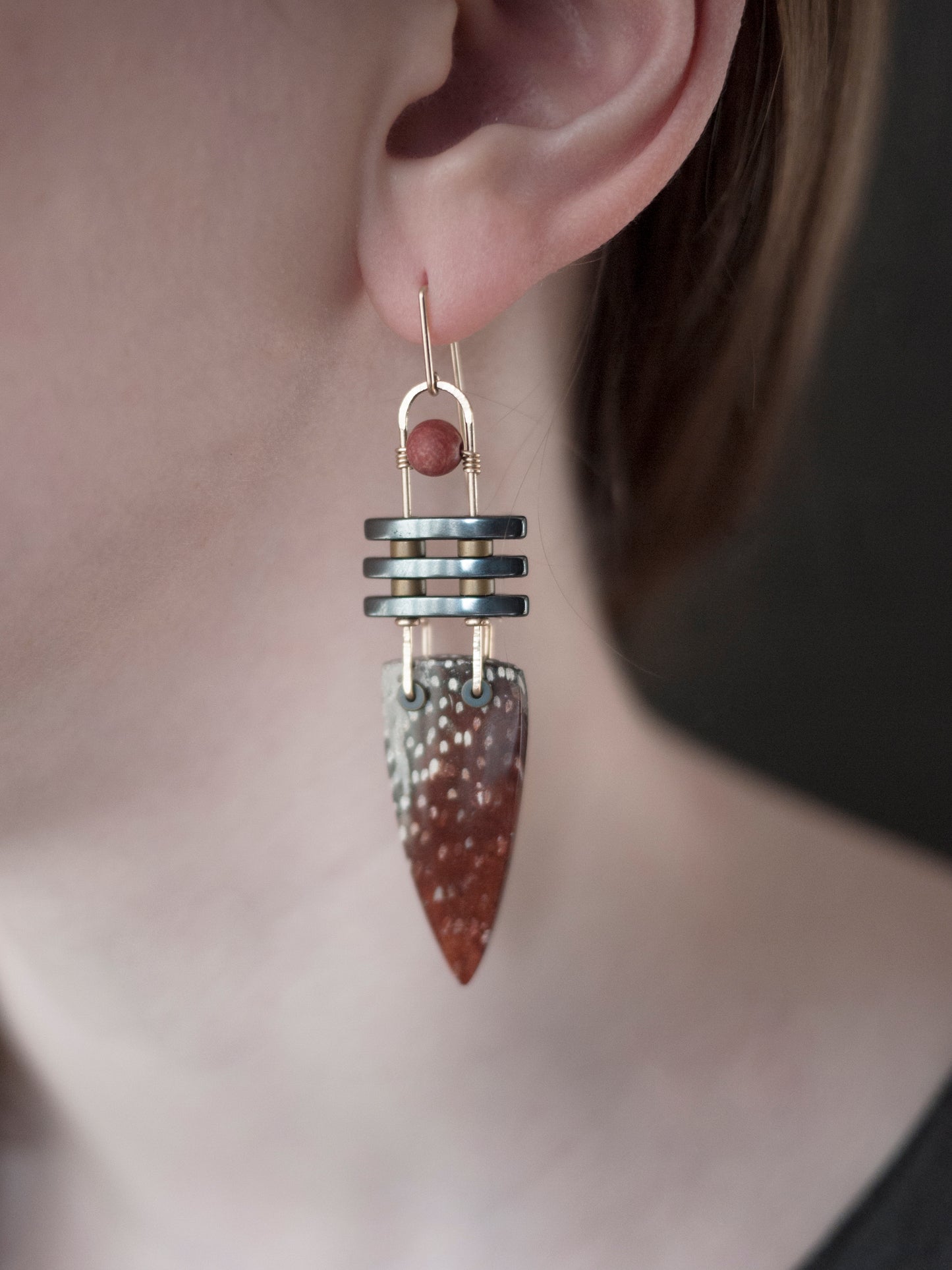 Three Bar Petrified Red Palm Wood Dangle Earrings