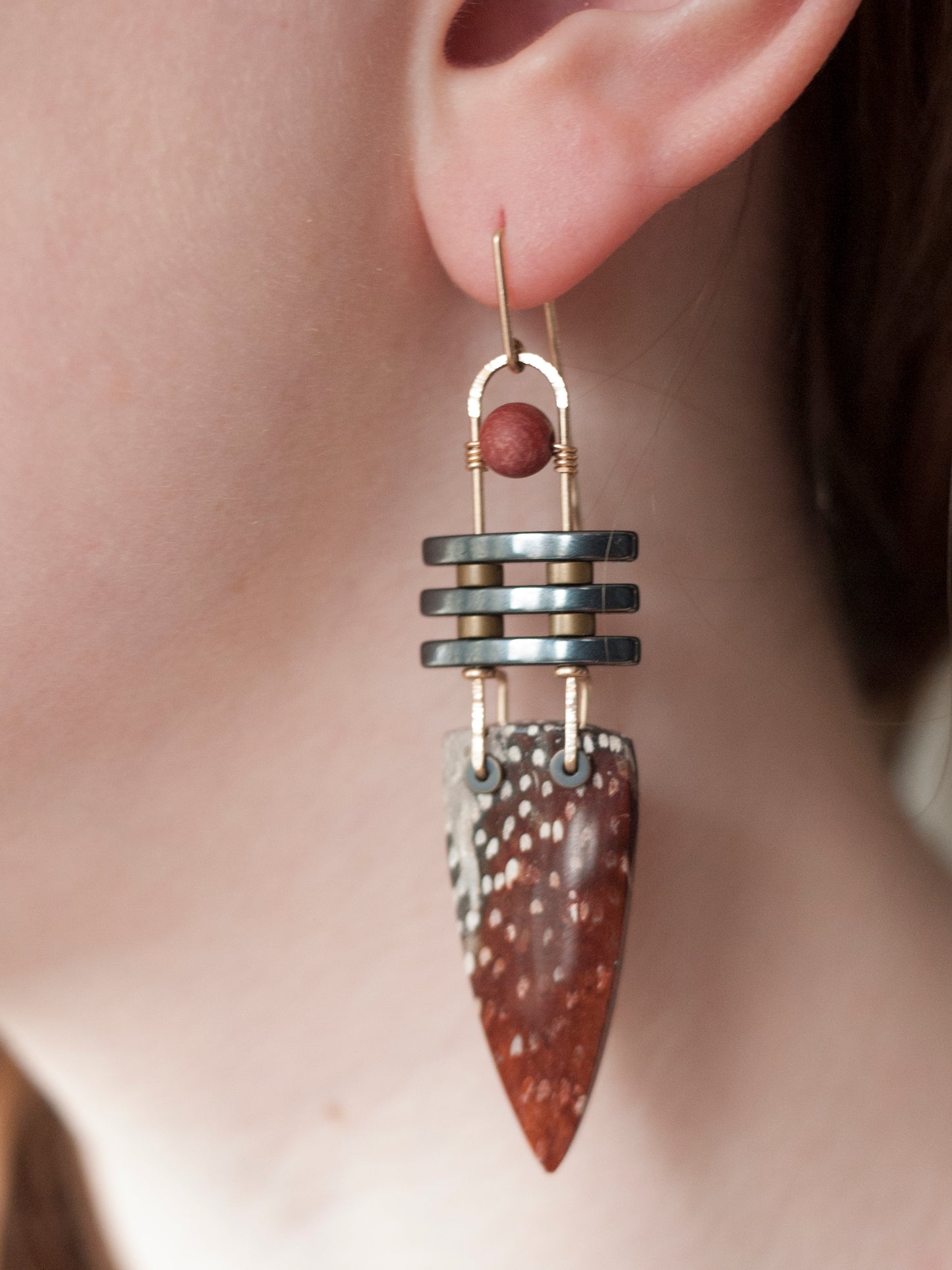 Three Bar Petrified Red Palm Wood Dangle Earrings