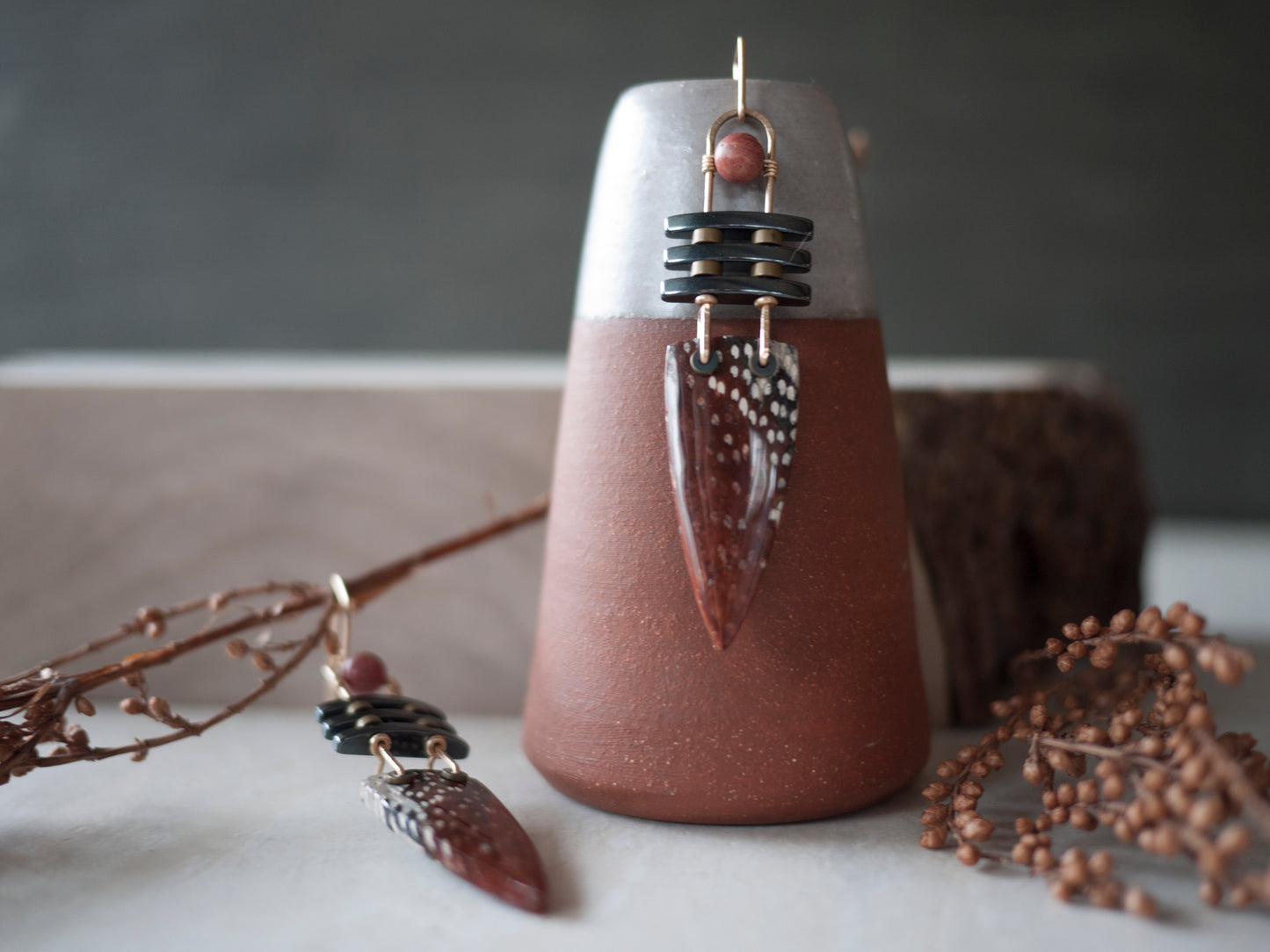 Three Bar Petrified Red Palm Wood Dangle Earrings