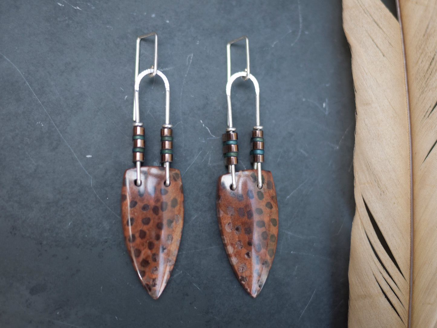 Red Petrified Palmwood Dangle Earrings