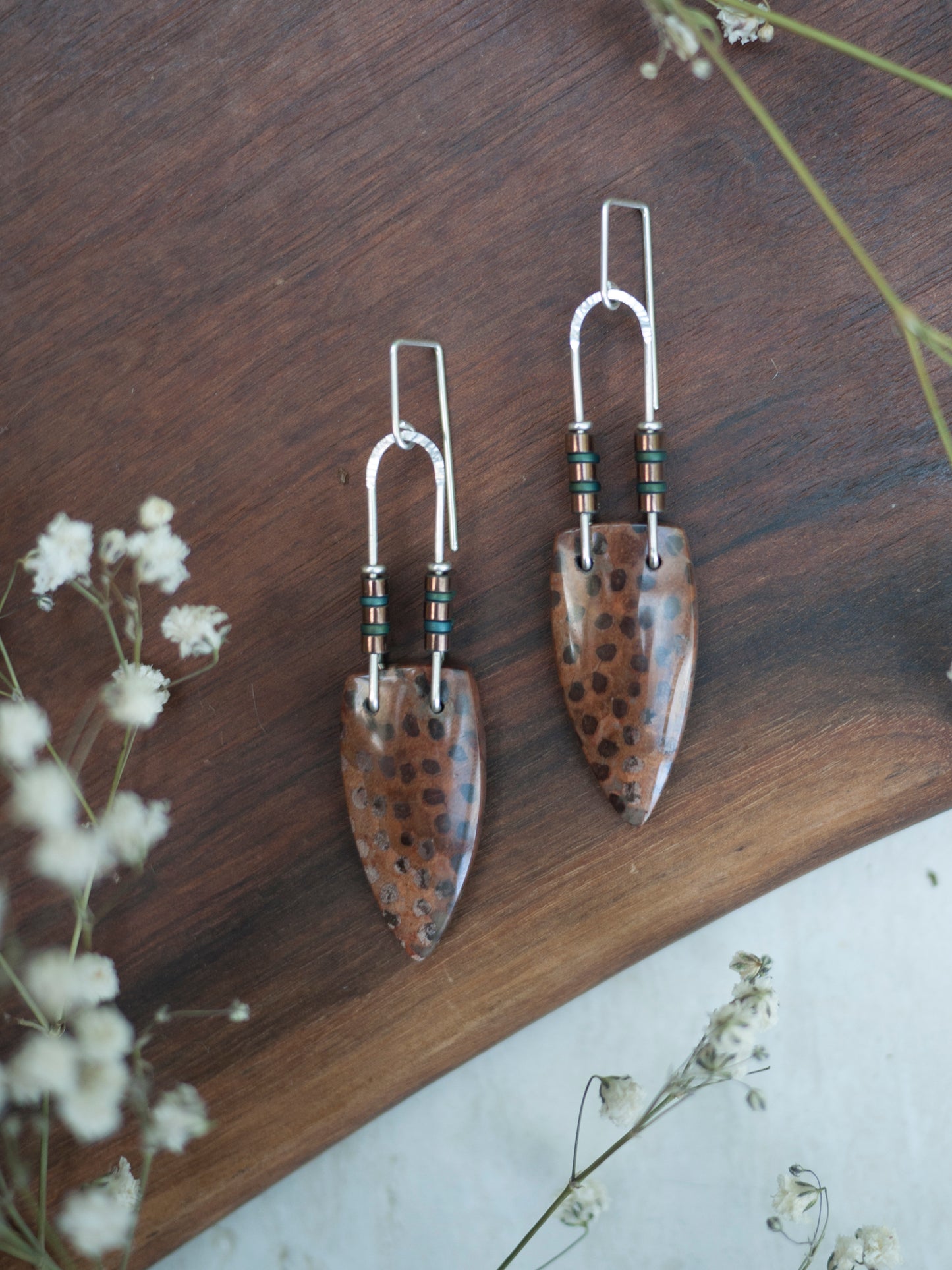 Red Petrified Palmwood Dangle Earrings