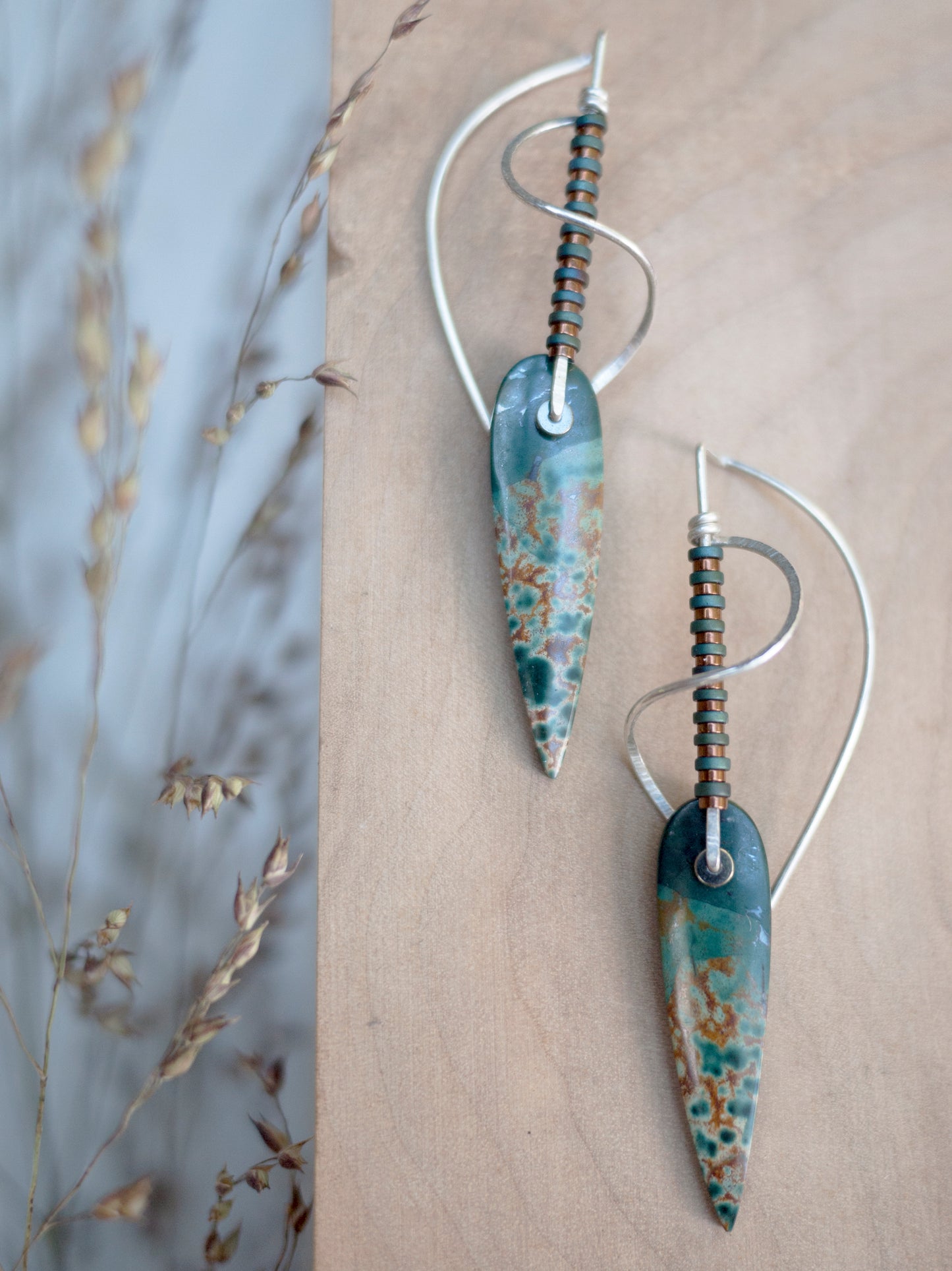 Forest Jasper Sculptural Spiral Drop Earrings