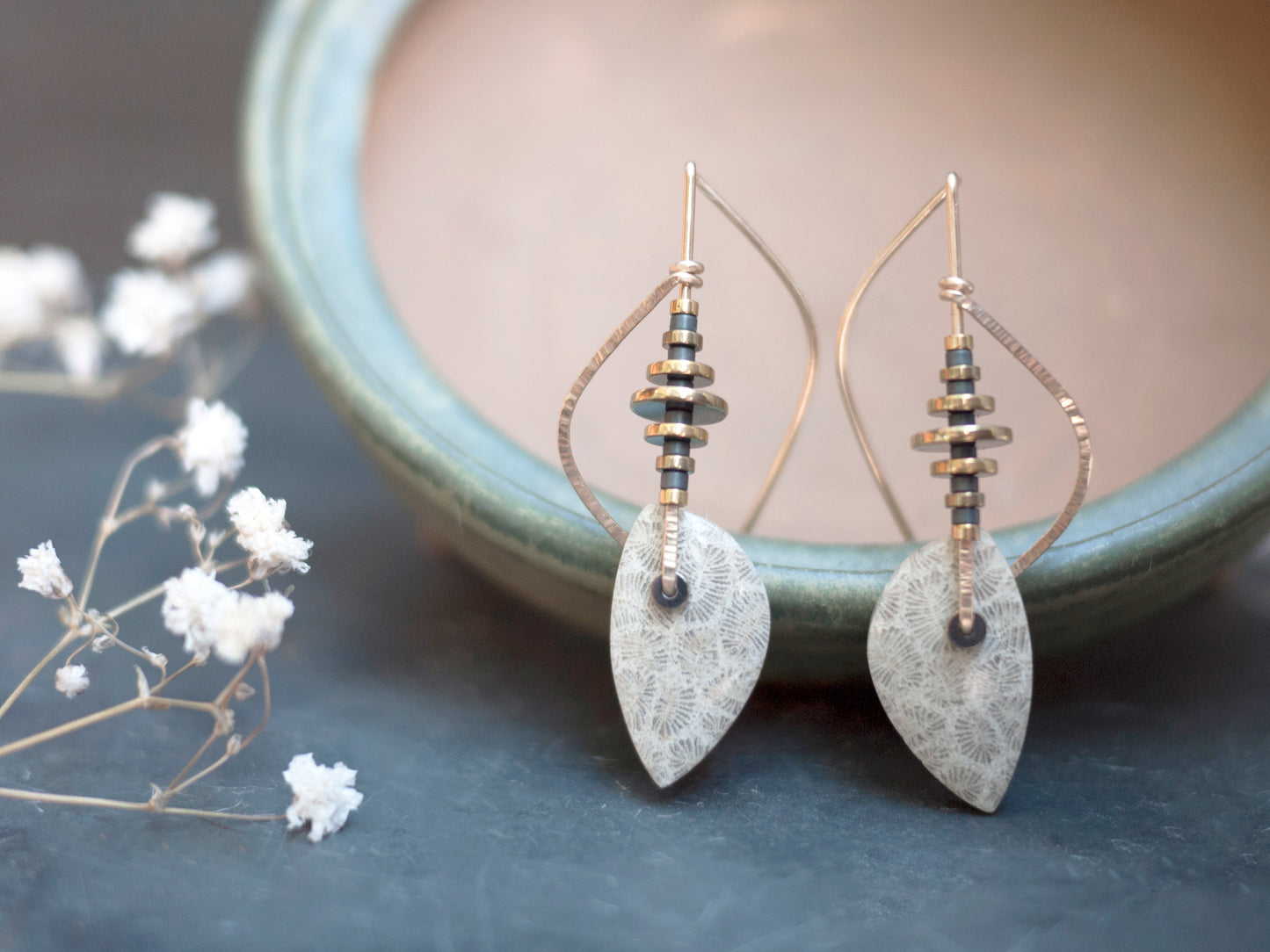 Leaf Shaped Fossilized Coral Sculptural Earrings