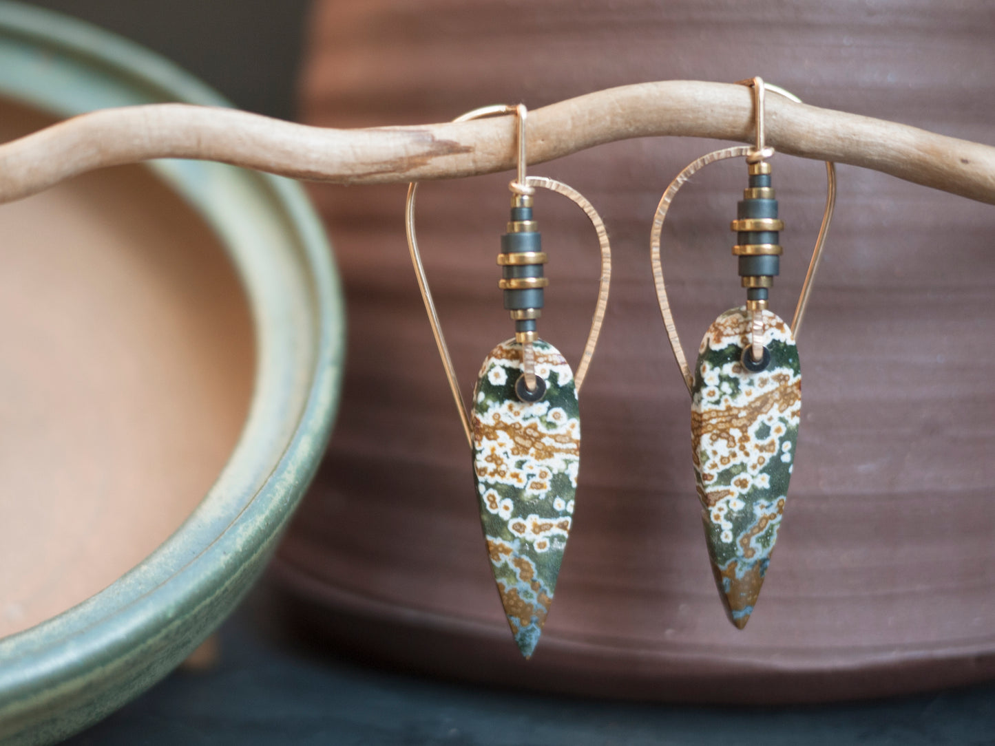 Sculptural Spear Ocean Jasper Dangle Earrings