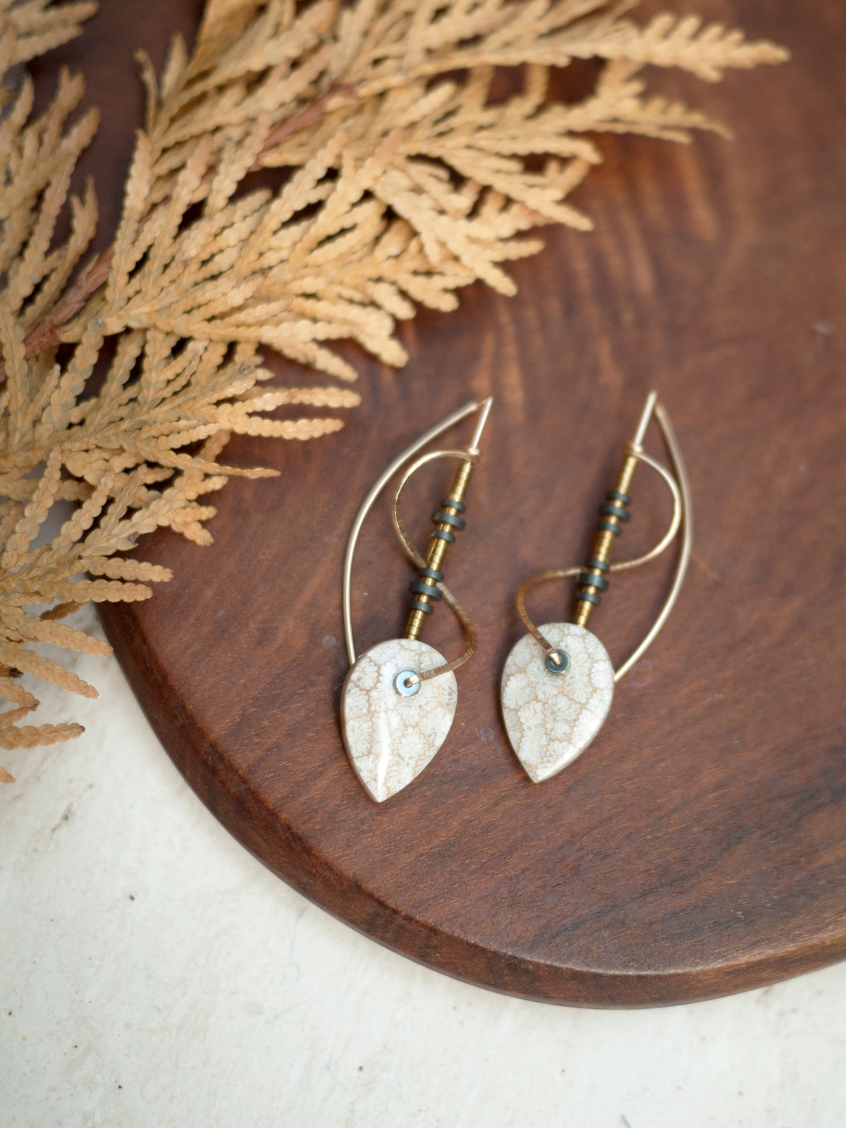 Sculptural Spiral Fossil Coral Drop Earrings