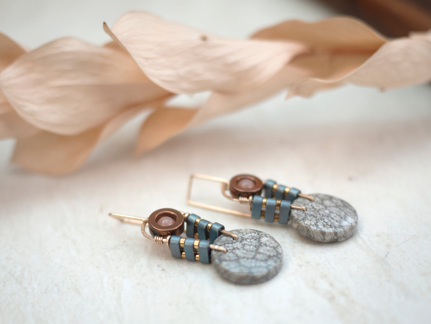 Fossil Coral Circles and Sunstone Dangle Earrings