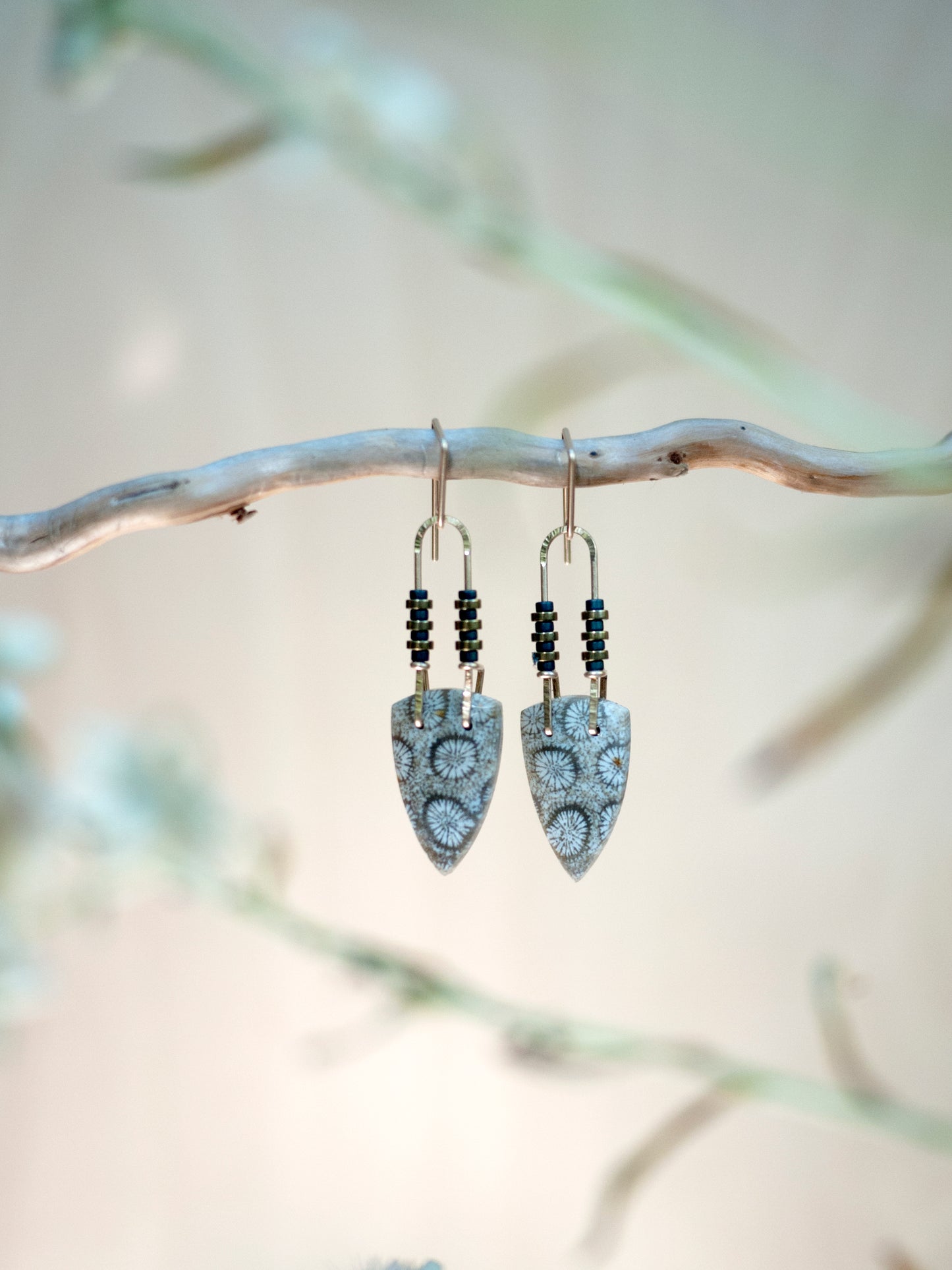 White Fossil Coral Spear Dangle Earrings
