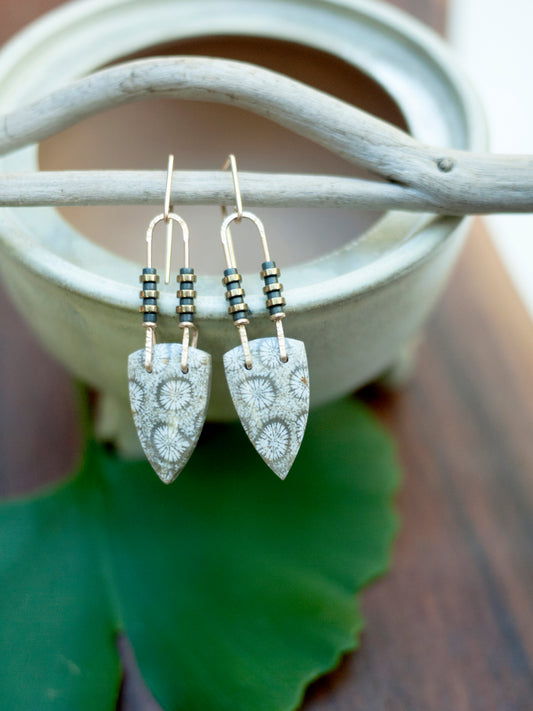 White Fossil Coral Spear Dangle Earrings