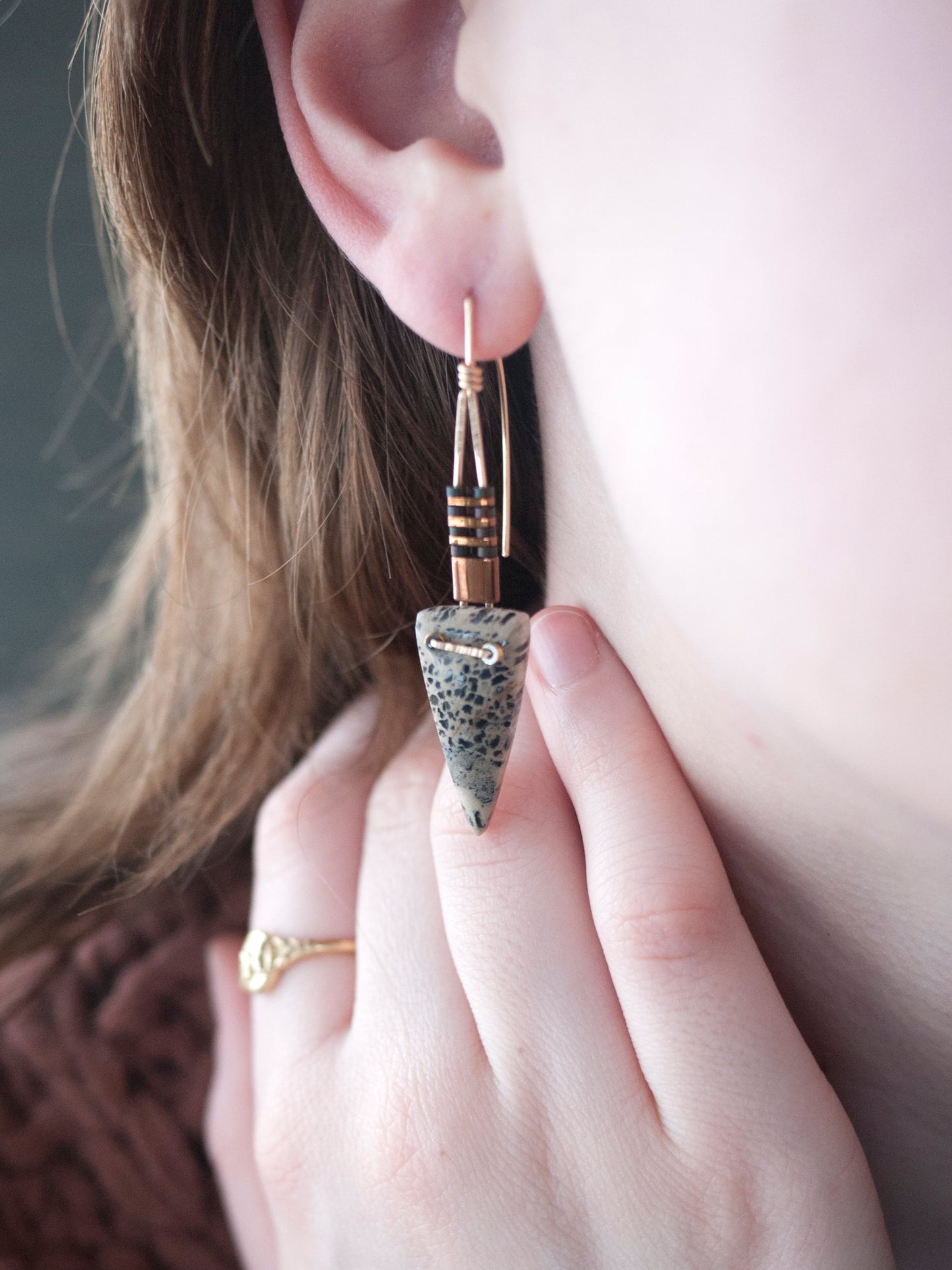 Petrified Palmwood Spear Drop Earrings