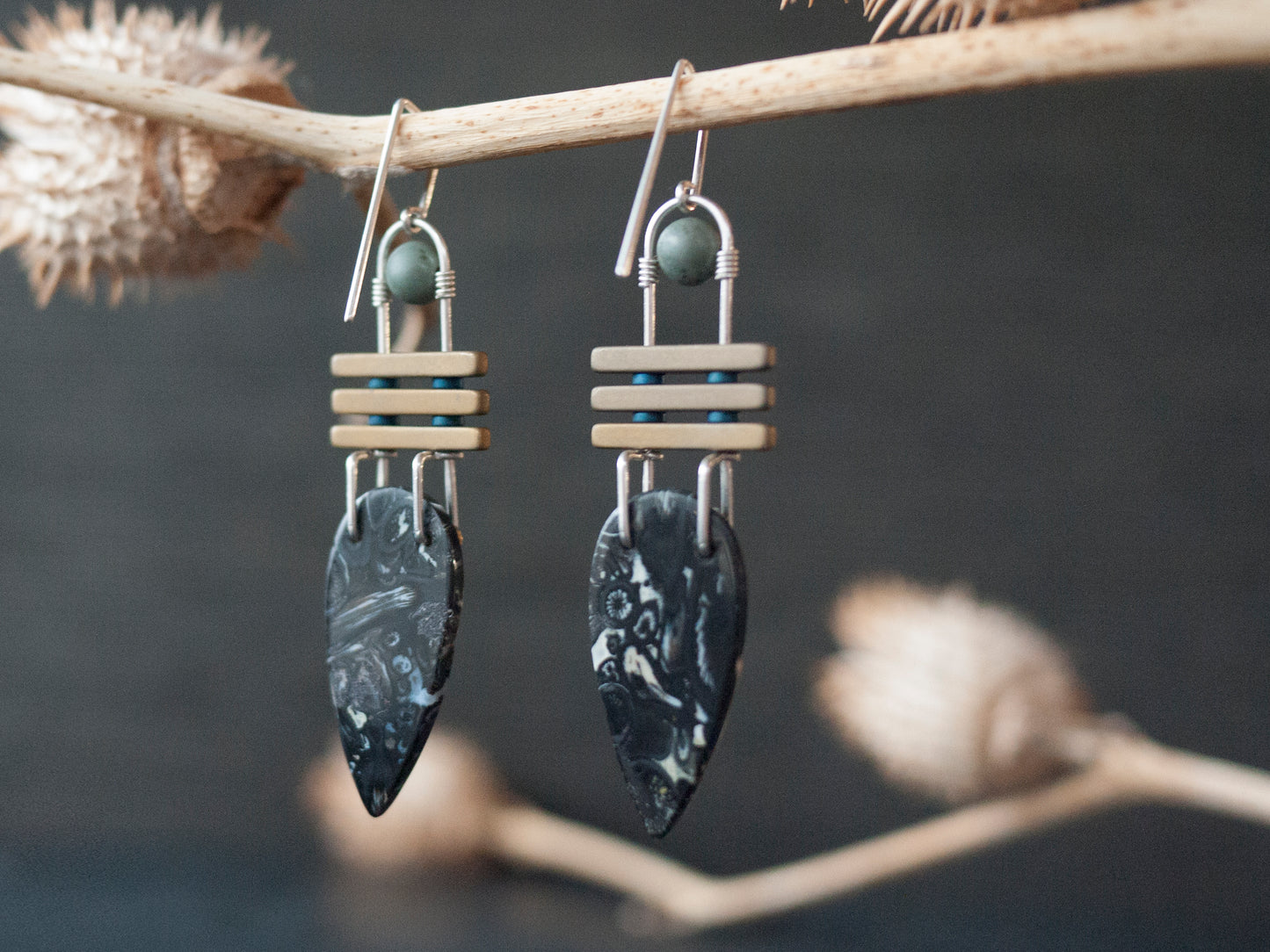 Three Bar Petrified Palm Wood Dangle Earrings