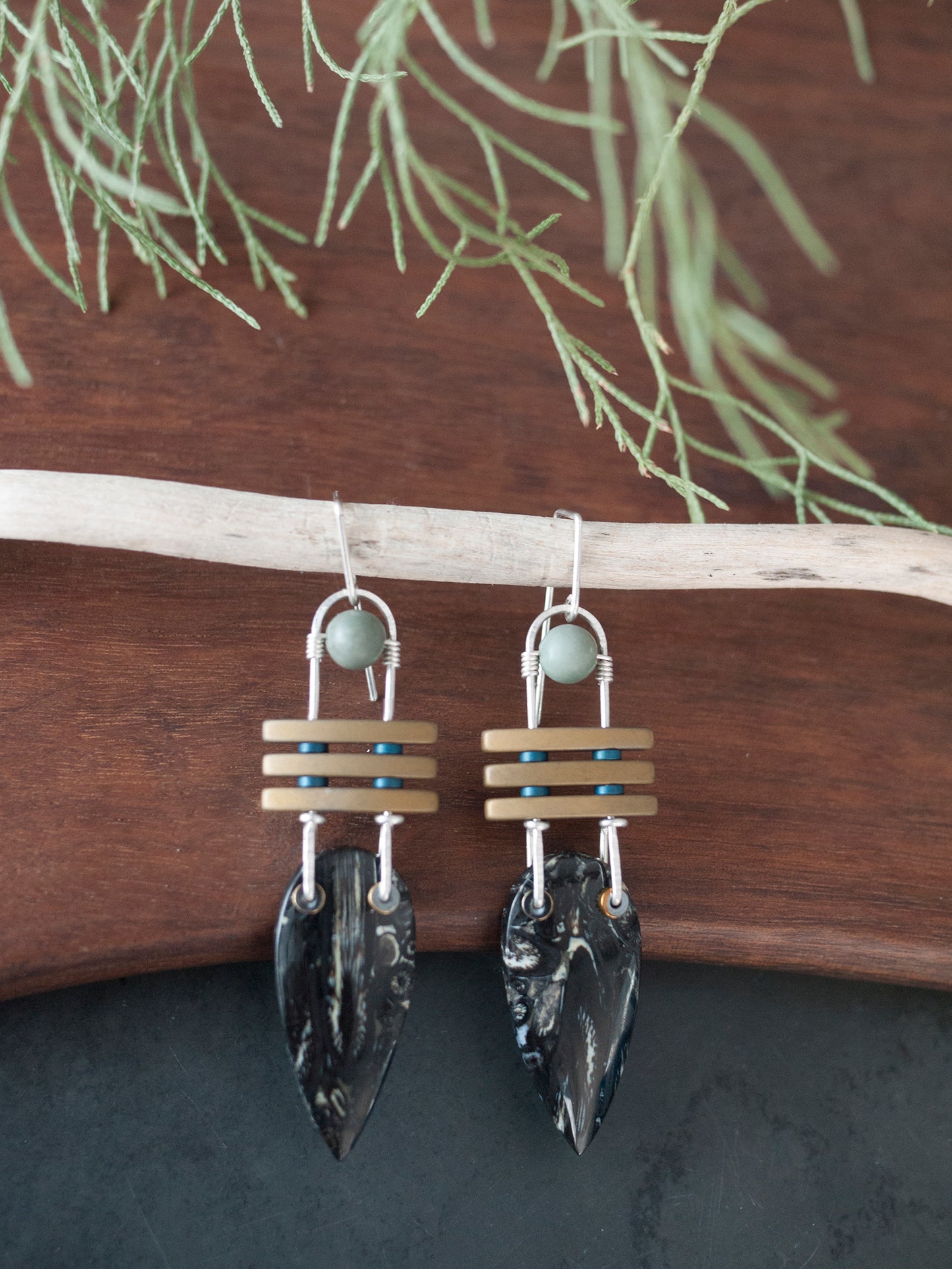 Three Bar Petrified Palm Wood Dangle Earrings
