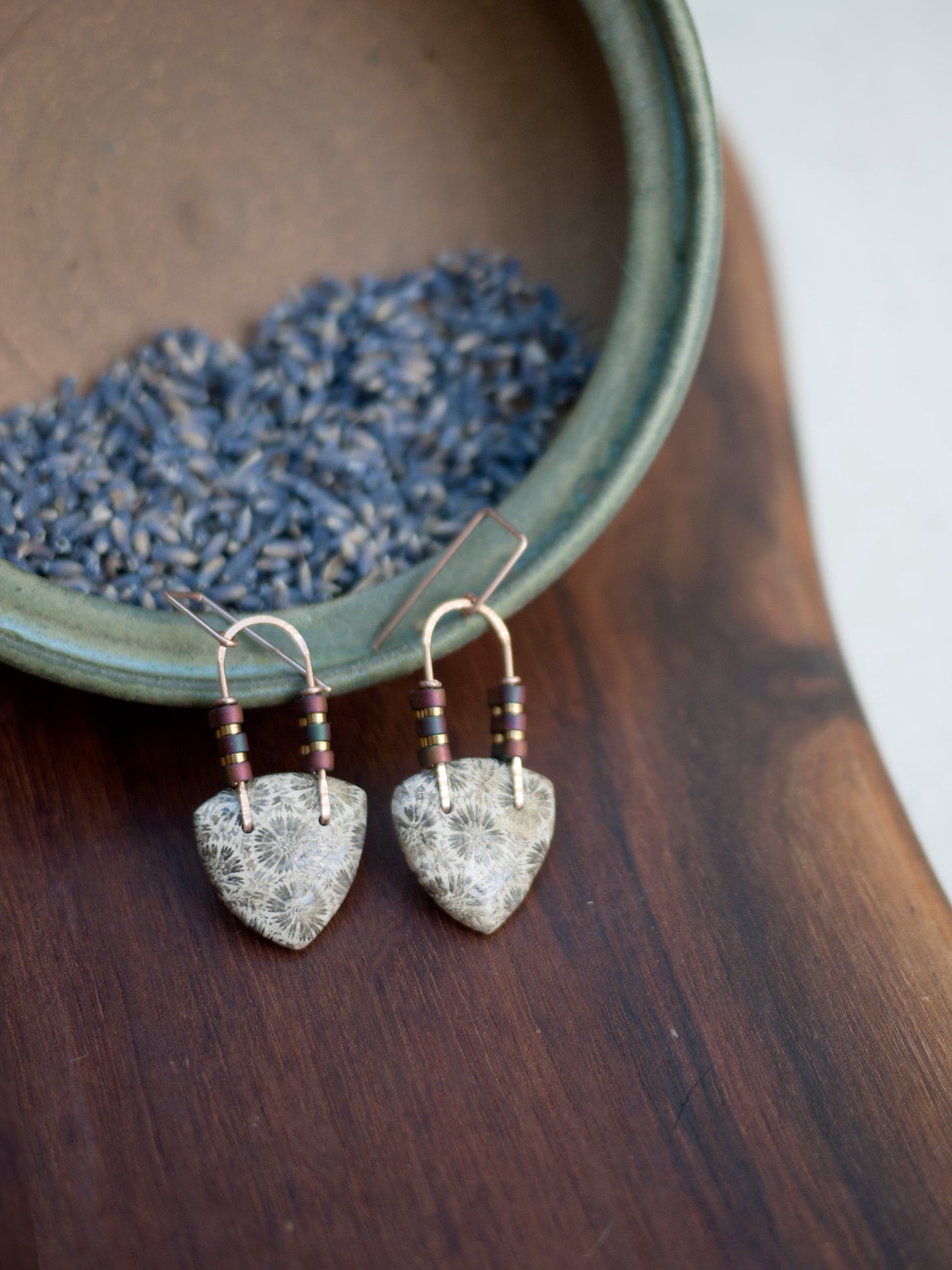 White Fossil Coral Triangle Dangle Earrings