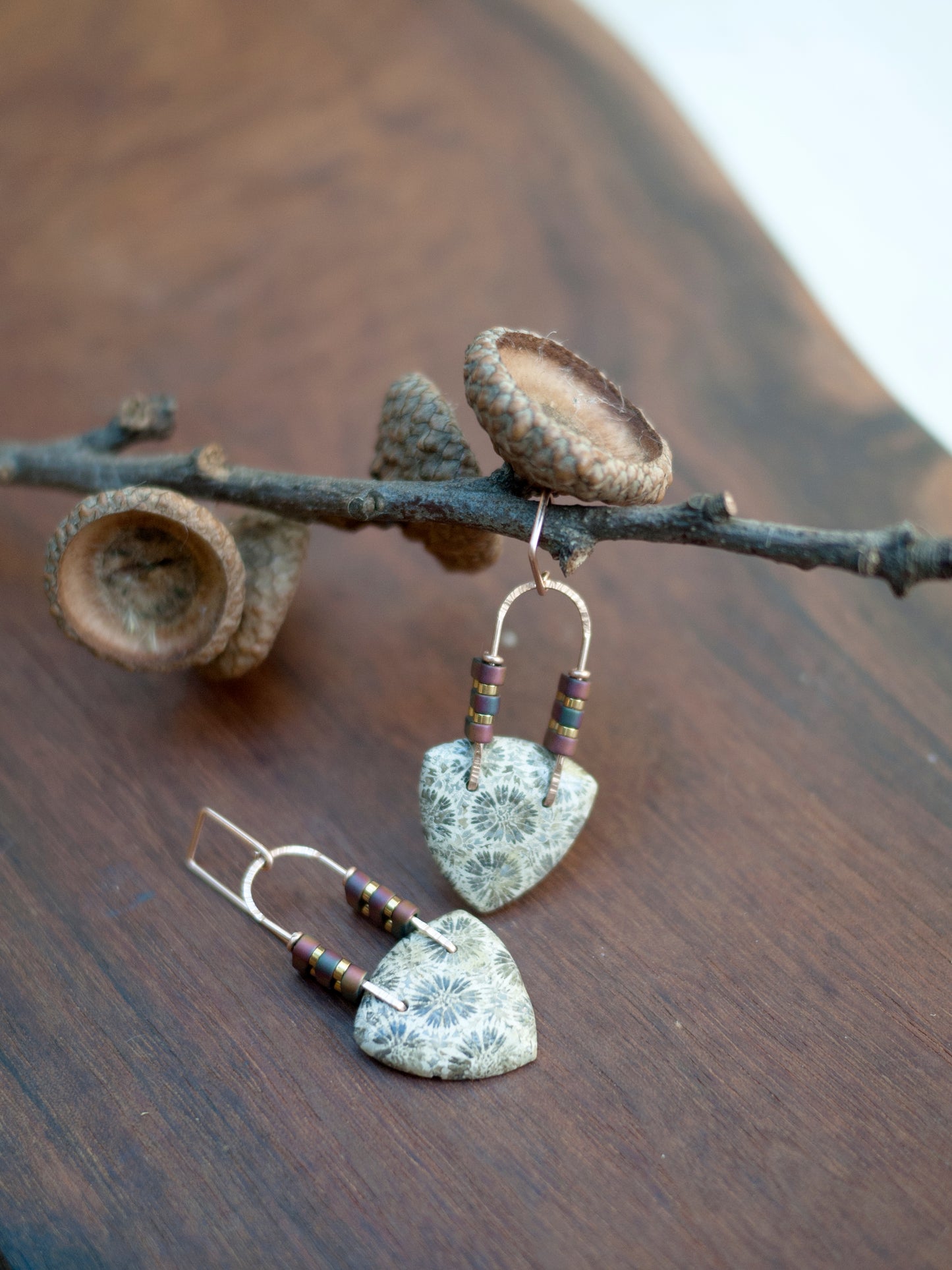 White Fossil Coral Triangle Dangle Earrings