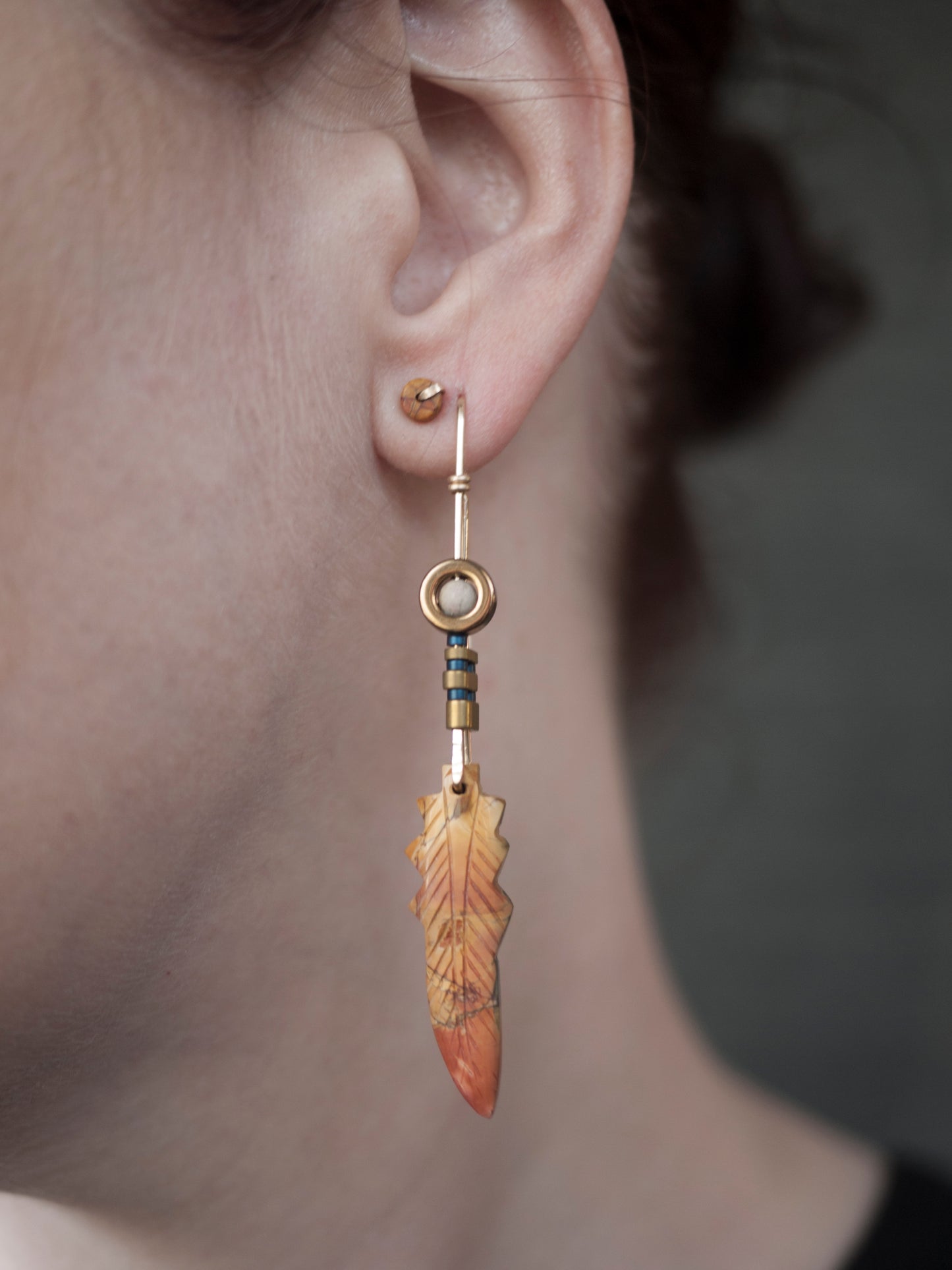 Picasso Jasper Feather Earrings in Yellow Gold Fill