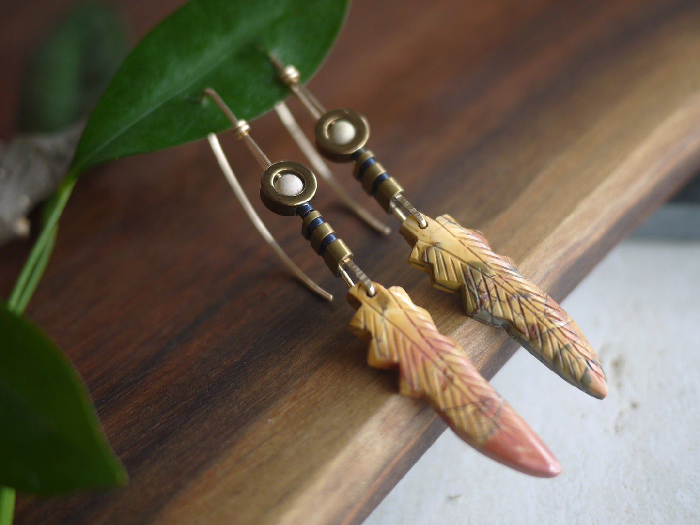 Picasso Jasper Feather Earrings in Yellow Gold Fill
