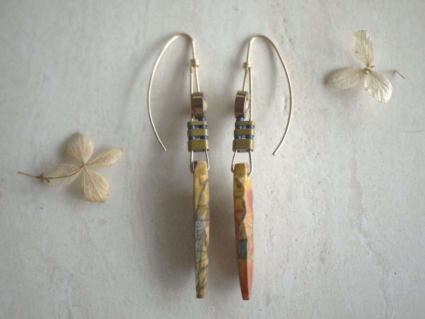 Picasso Jasper Feather Earrings in Yellow Gold Fill