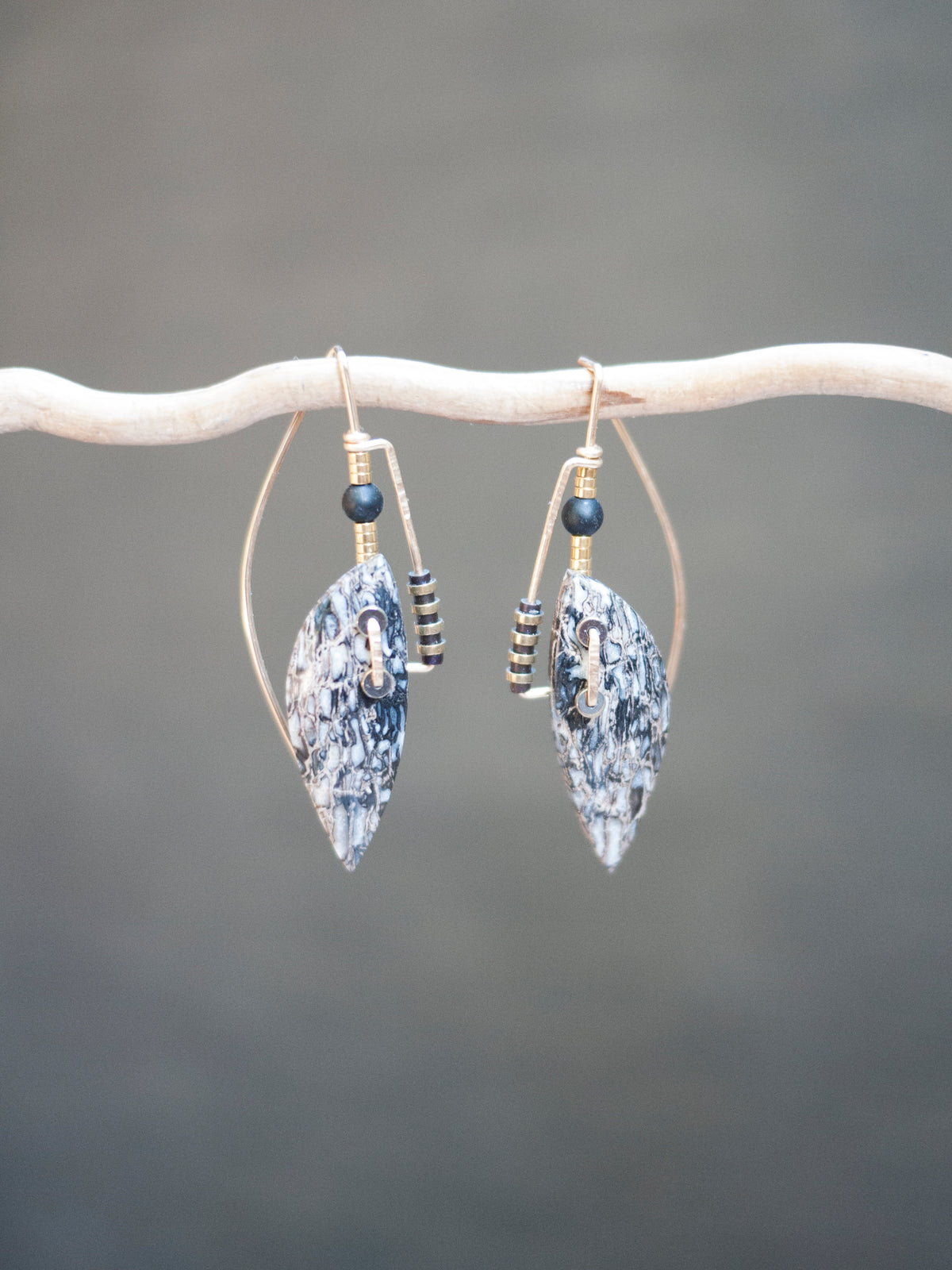 Deco Style Abstract Petrified Pocket Rotwood Drop Earrings