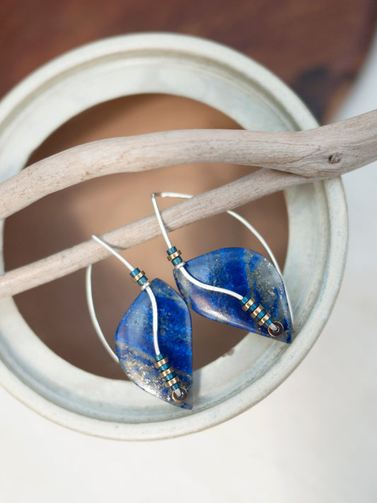 Abstract Lapis Lazuli Leaf Shape Earrings