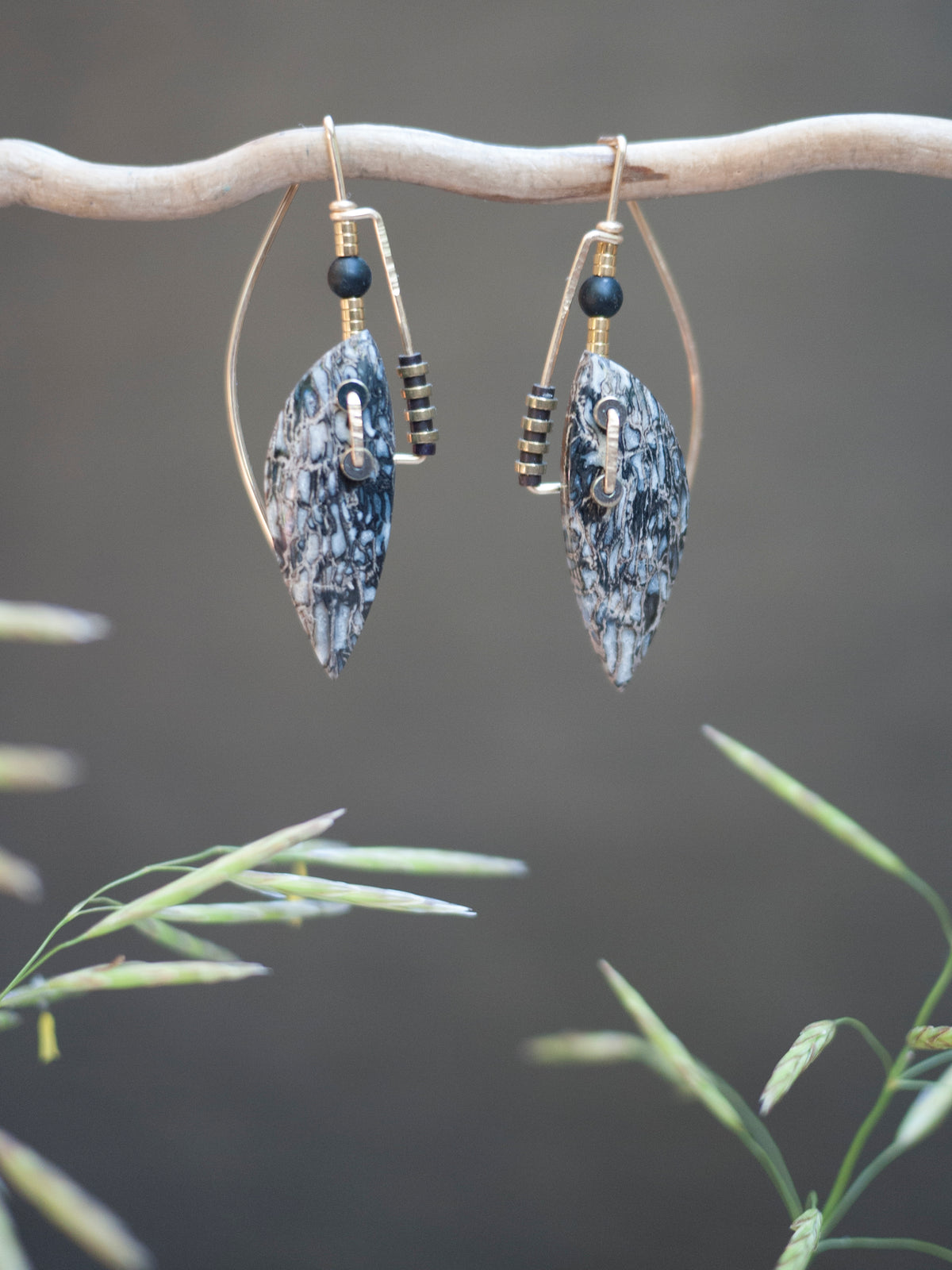 Deco Style Abstract Petrified Pocket Rotwood Drop Earrings