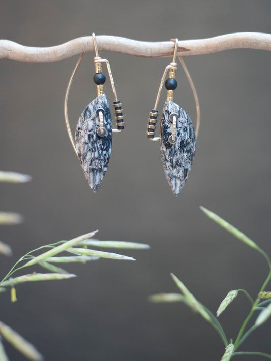 Deco Style Abstract Petrified Pocket Rotwood Drop Earrings