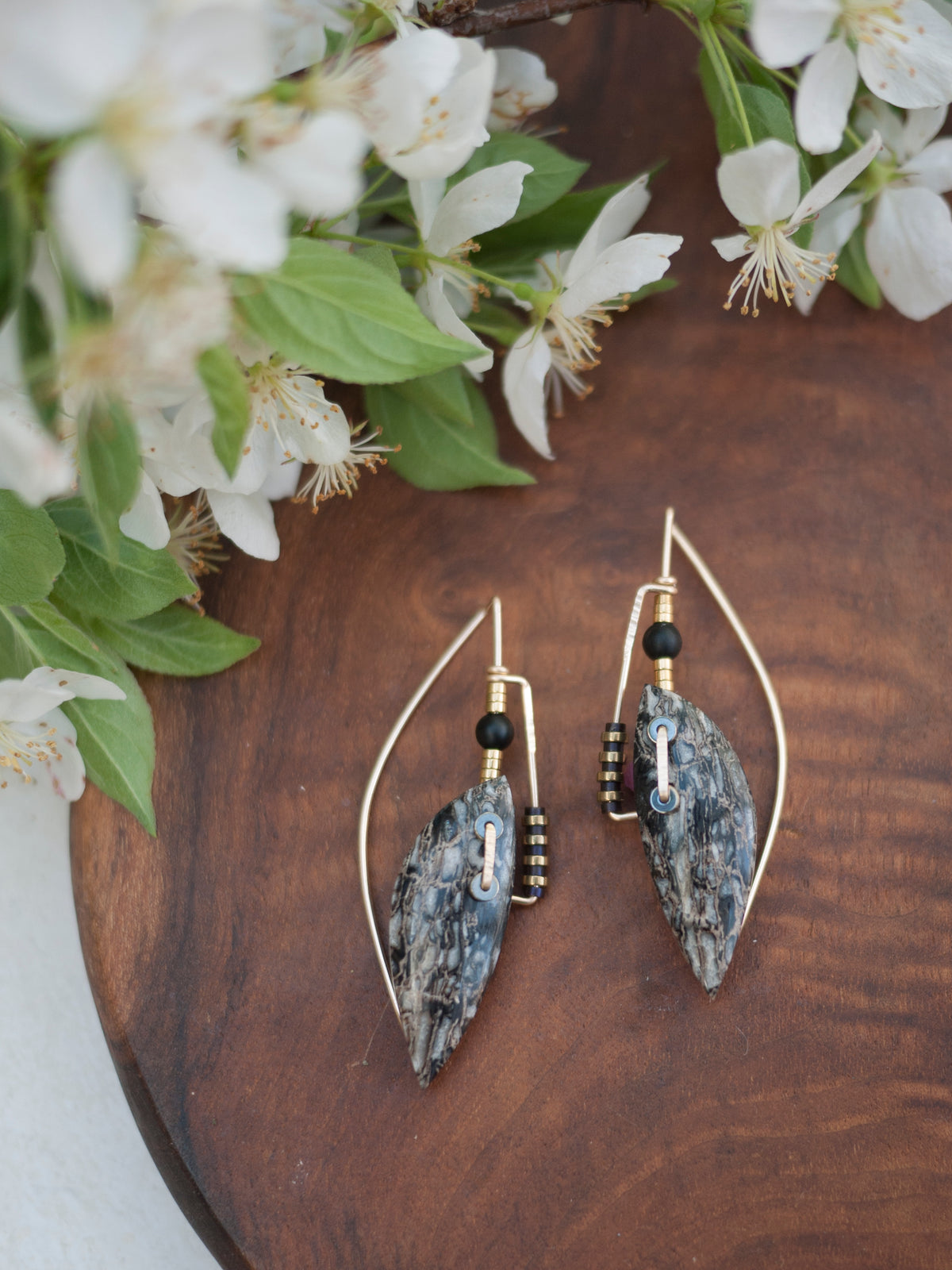 Deco Style Abstract Petrified Pocket Rotwood Drop Earrings