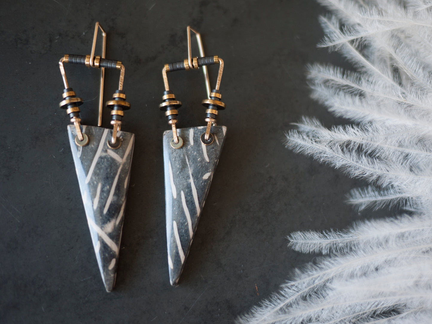 Edgy Petrified Palmwood Dangle Earrings