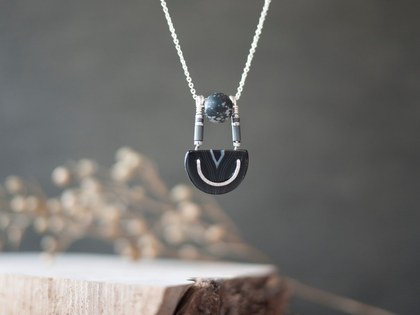 Black Banded Agate Pendant with Snowflake Obsidian
