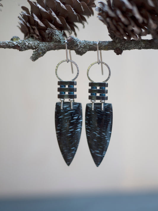 Three Bar Black Petrified Palm Wood Dangle Earrings