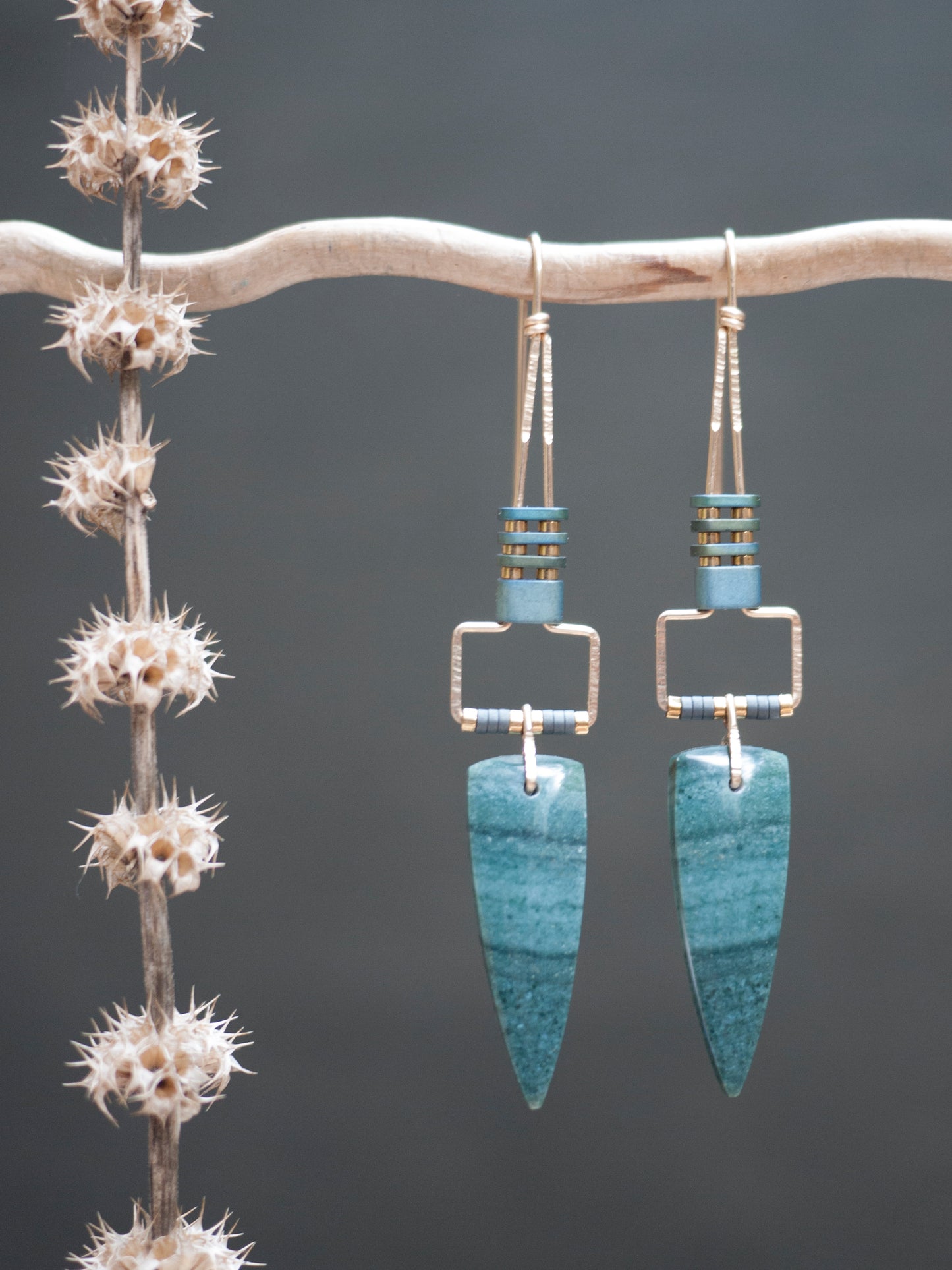 Long Polychrome Jasper Spear Rectangle Motif Earrings
