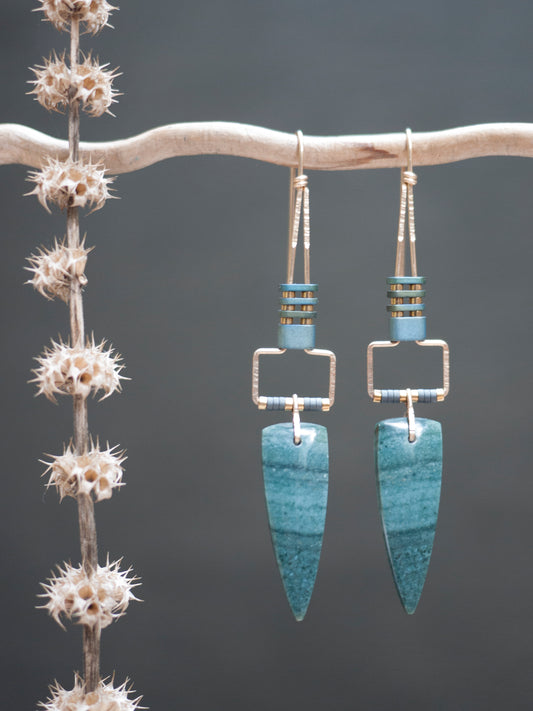 Long Polychrome Jasper Spear Rectangle Motif Earrings