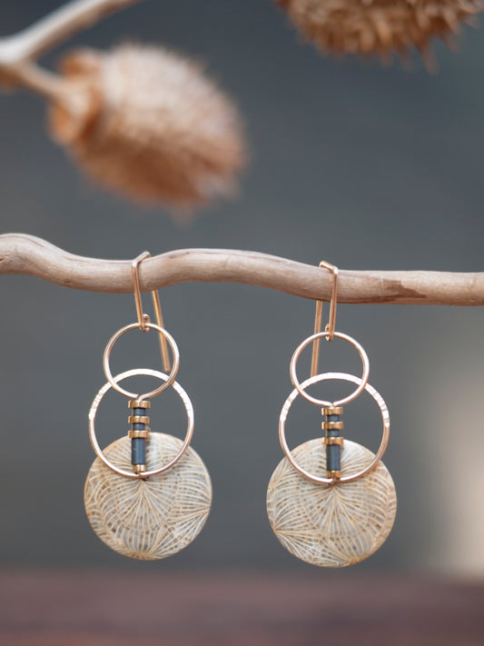 Fossil Coral Circle Motif Dangle Earrings