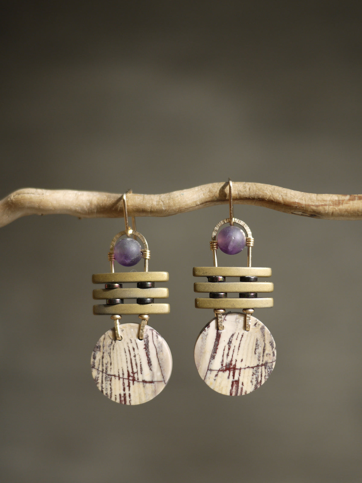 Petrified Wood Circle Dangle Earrings