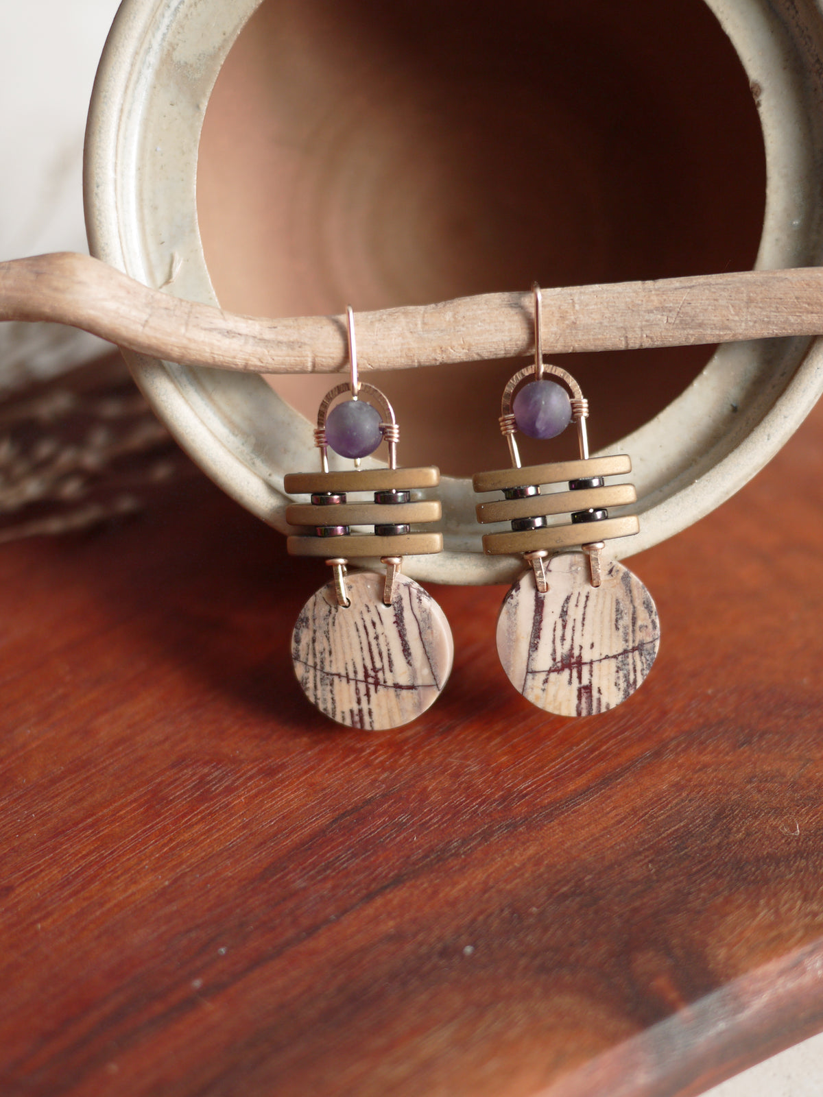 Petrified Wood Circle Dangle Earrings