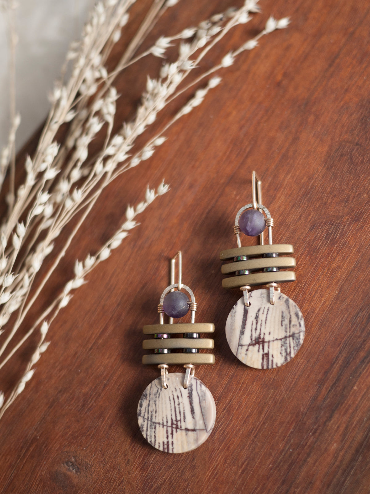 Petrified Wood Circle Dangle Earrings