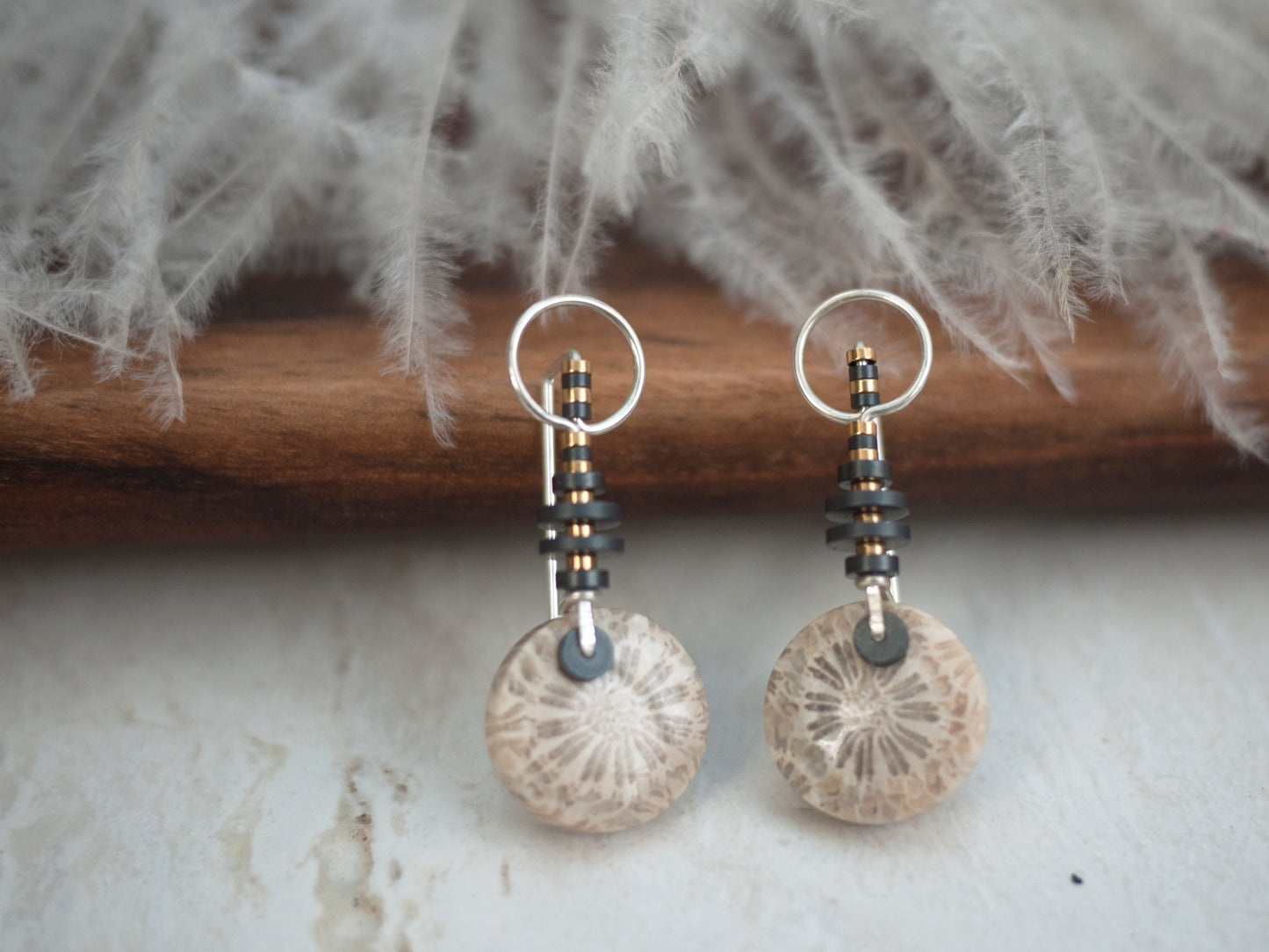 Circle Motif Fossil Coral Earrings